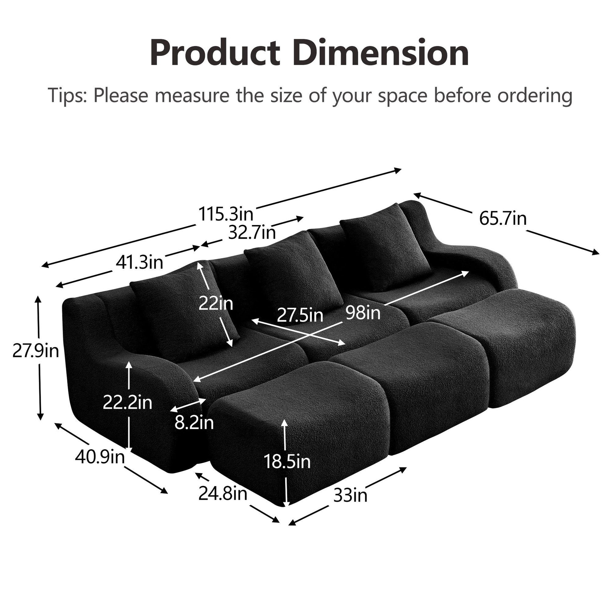 Product dimensions for the Black teddy fleece boneless sofa, 3-seat with three ottomans layout — Black / 3-Seat + 3 Ottomans