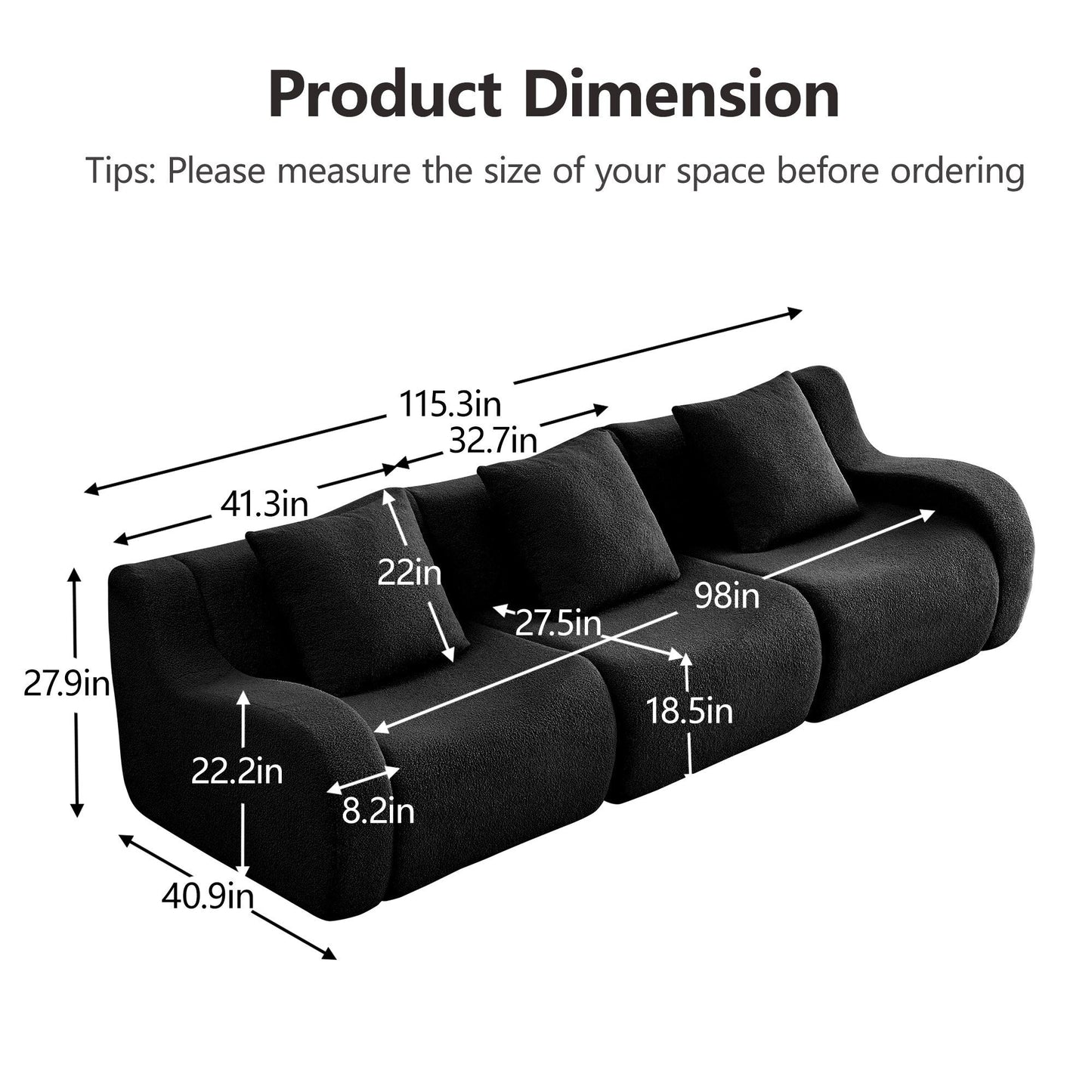 Product dimensions for the Black teddy fleece boneless sofa, 3-seat layout — Black / 3-Seat