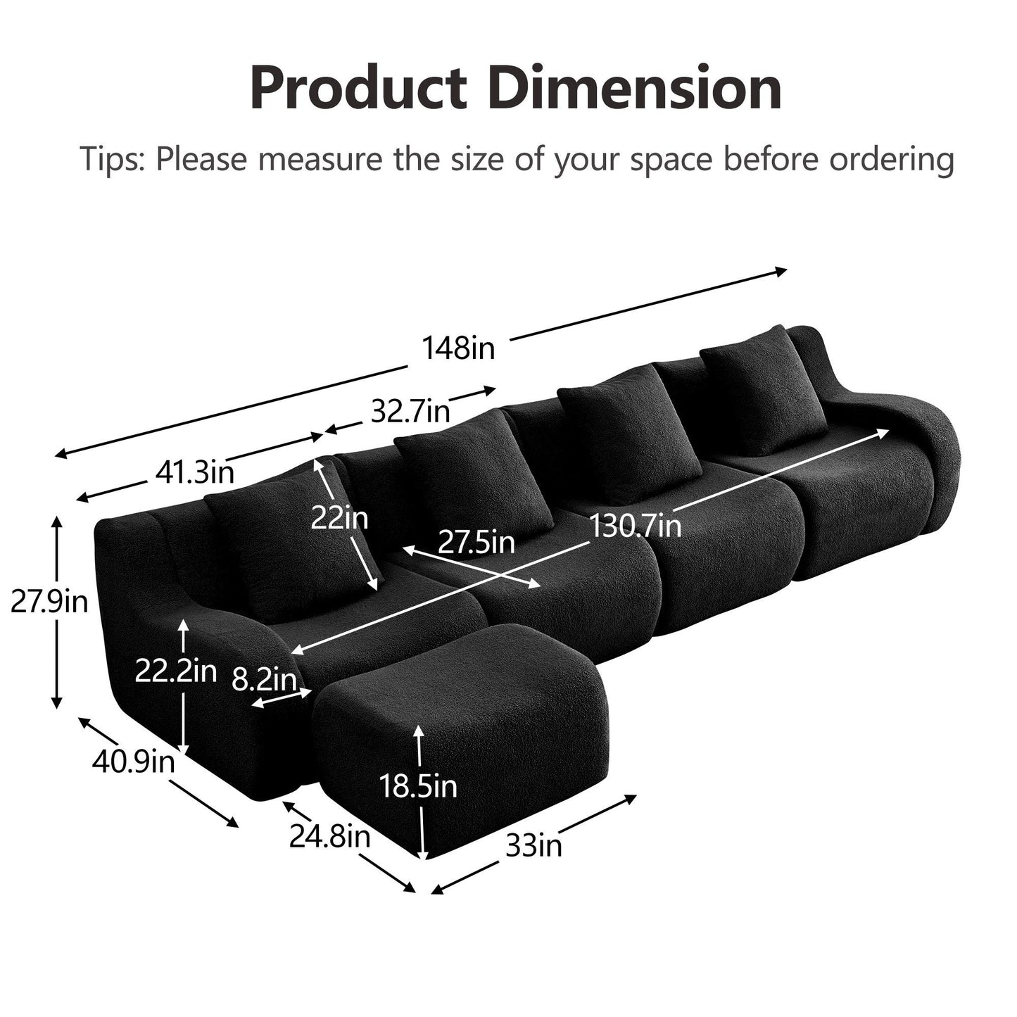Product dimensions for the Black teddy fleece boneless sofa, 4-seat with one ottoman layout — Black / 4-Seat + 1 Ottoman