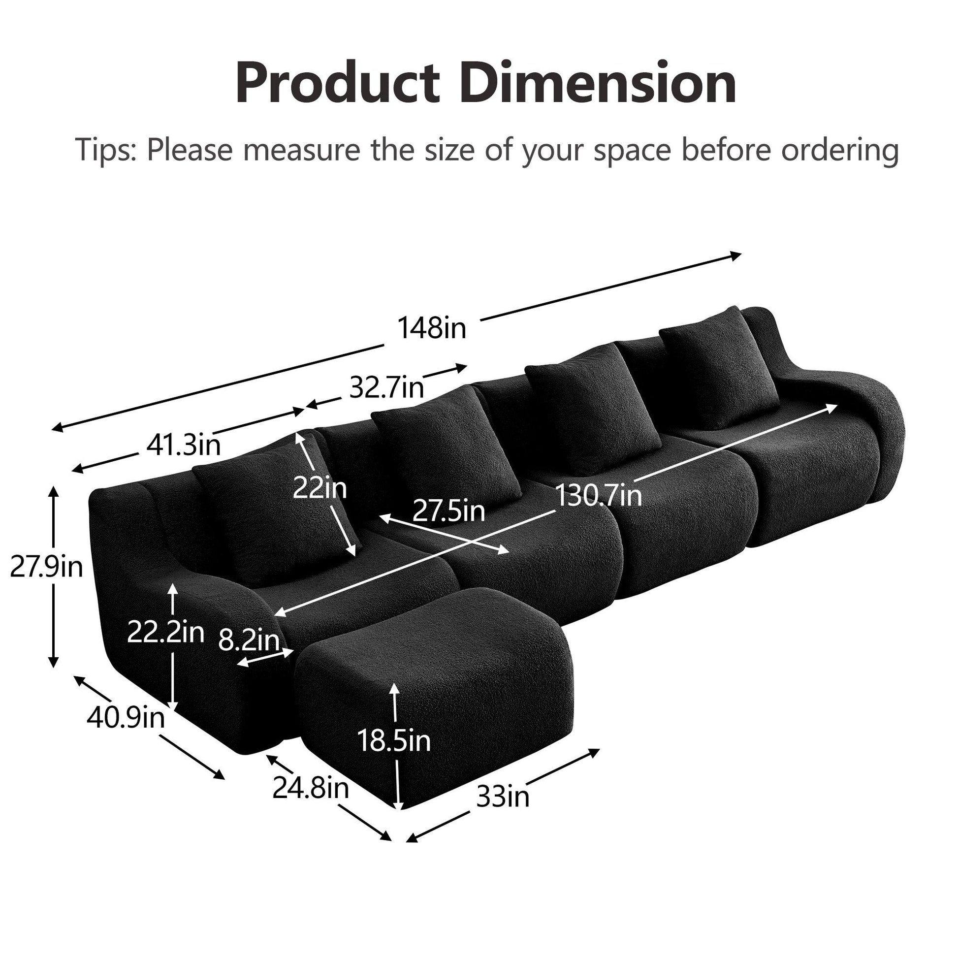 Product dimensions for the Black teddy fleece boneless sofa, 4-seat with one ottoman layout — Black / 4-Seat + 1 Ottoman