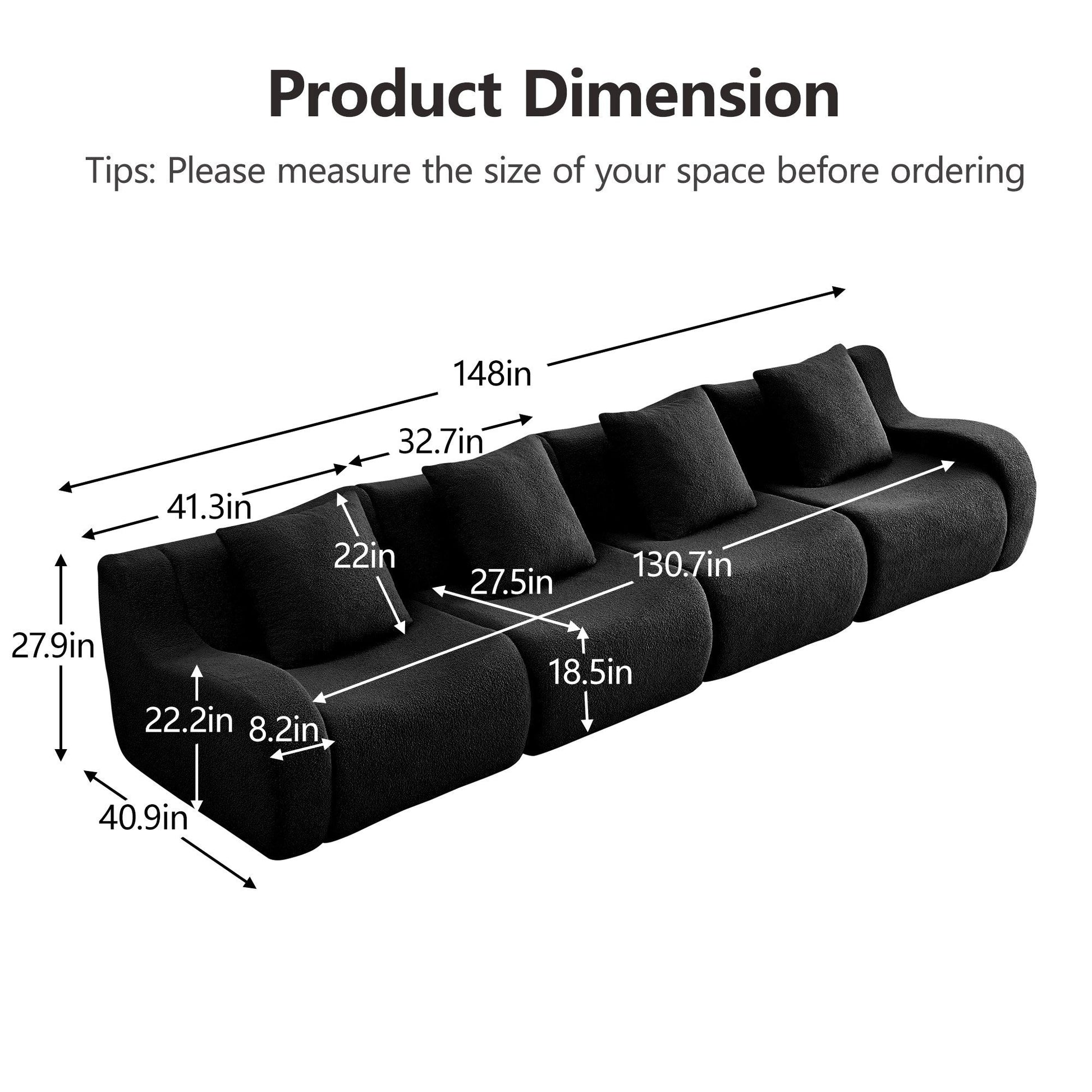 Product dimensions for the Black teddy fleece boneless sofa, 4-seat layout — Black / 4-Seat