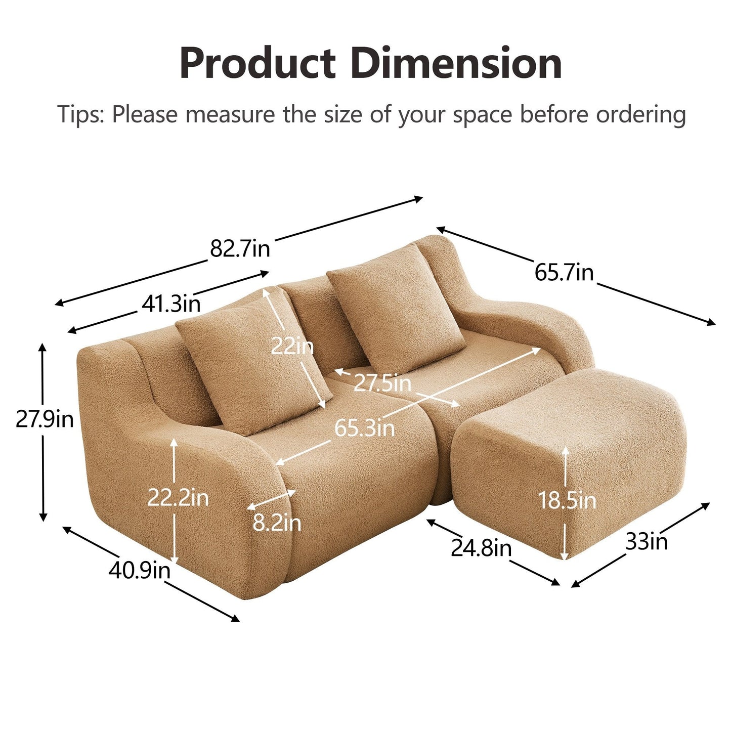 Product dimensions for the Camel teddy fleece boneless sofa, 2-seat with one ottoman layout — Camel / 2-Seat + 1 Ottoman