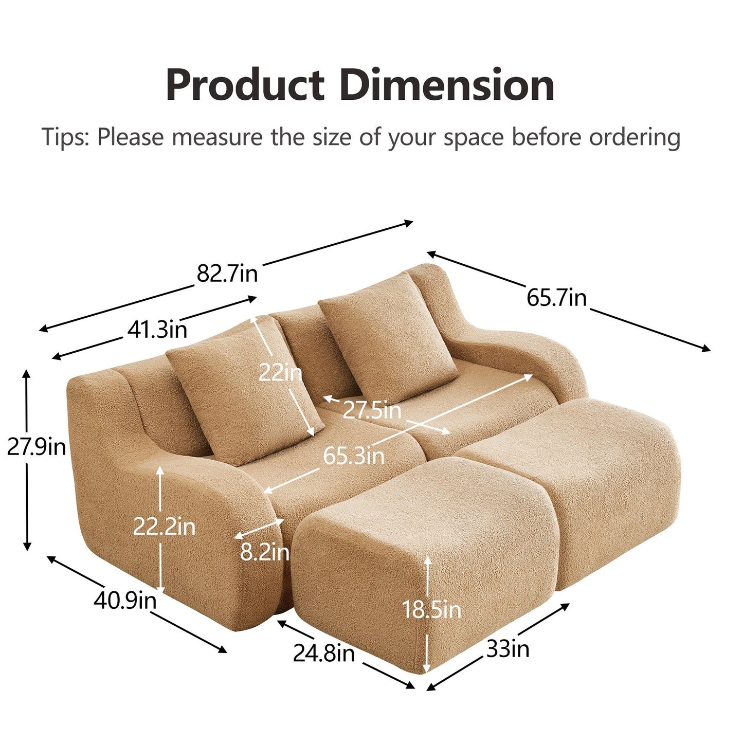 Product dimensions for the Camel teddy fleece boneless sofa, 2-seat with two ottomans layout — Camel / 2-Seat + 2 Ottomans