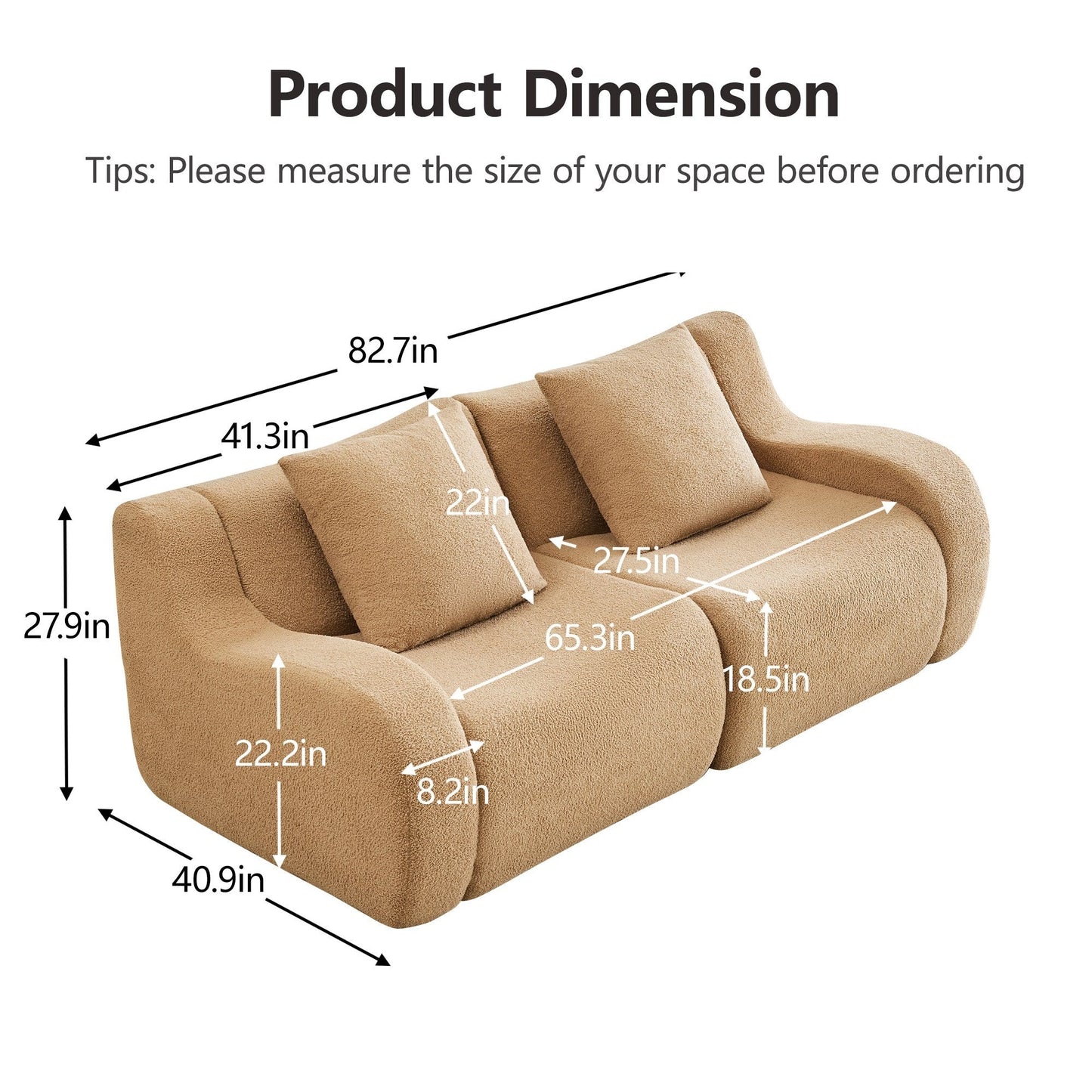Product dimensions for the Camel teddy fleece boneless sofa, 2-seat layout — Camel / 2-Seat
