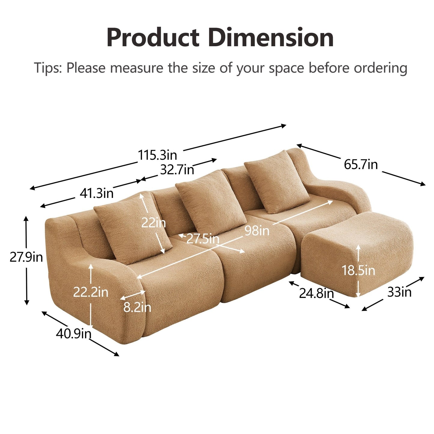 Product dimensions for the Camel teddy fleece boneless sofa, 3-seat with one ottoman layout — Camel / 3-Seat + 1 Ottoman