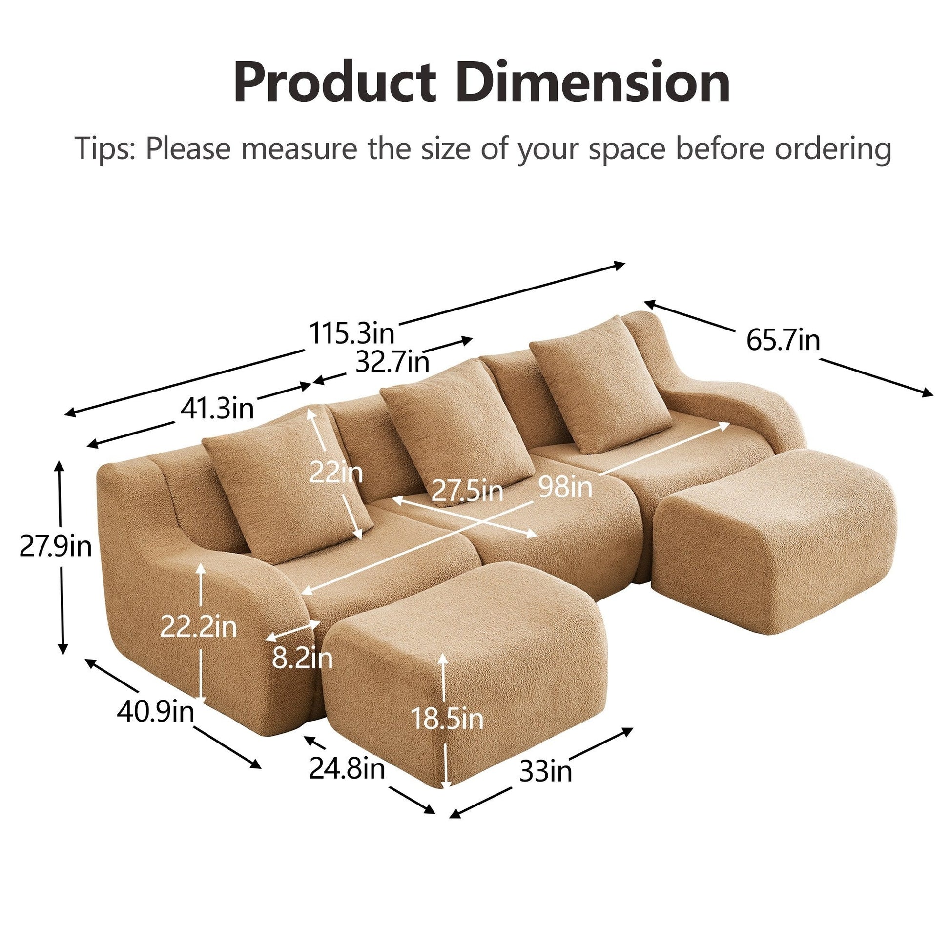 Product dimensions for the Camel teddy fleece boneless sofa, 3-seat with two ottomans layout — Camel / 3-Seat + 2 Ottomans
