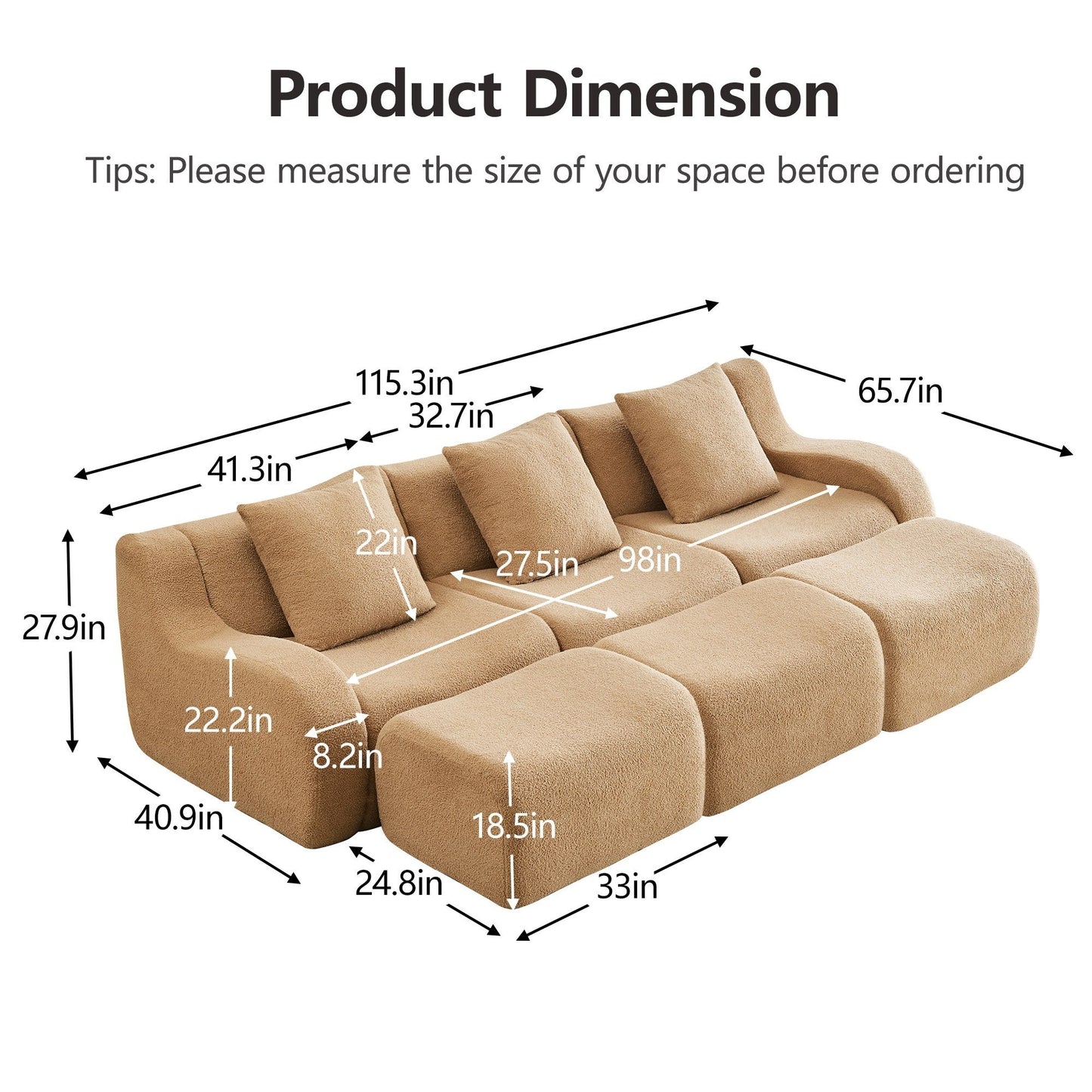 Product dimensions for the Camel teddy fleece boneless sofa, 3-seat with three ottomans layout — Camel / 3-Seat + 3 Ottomans