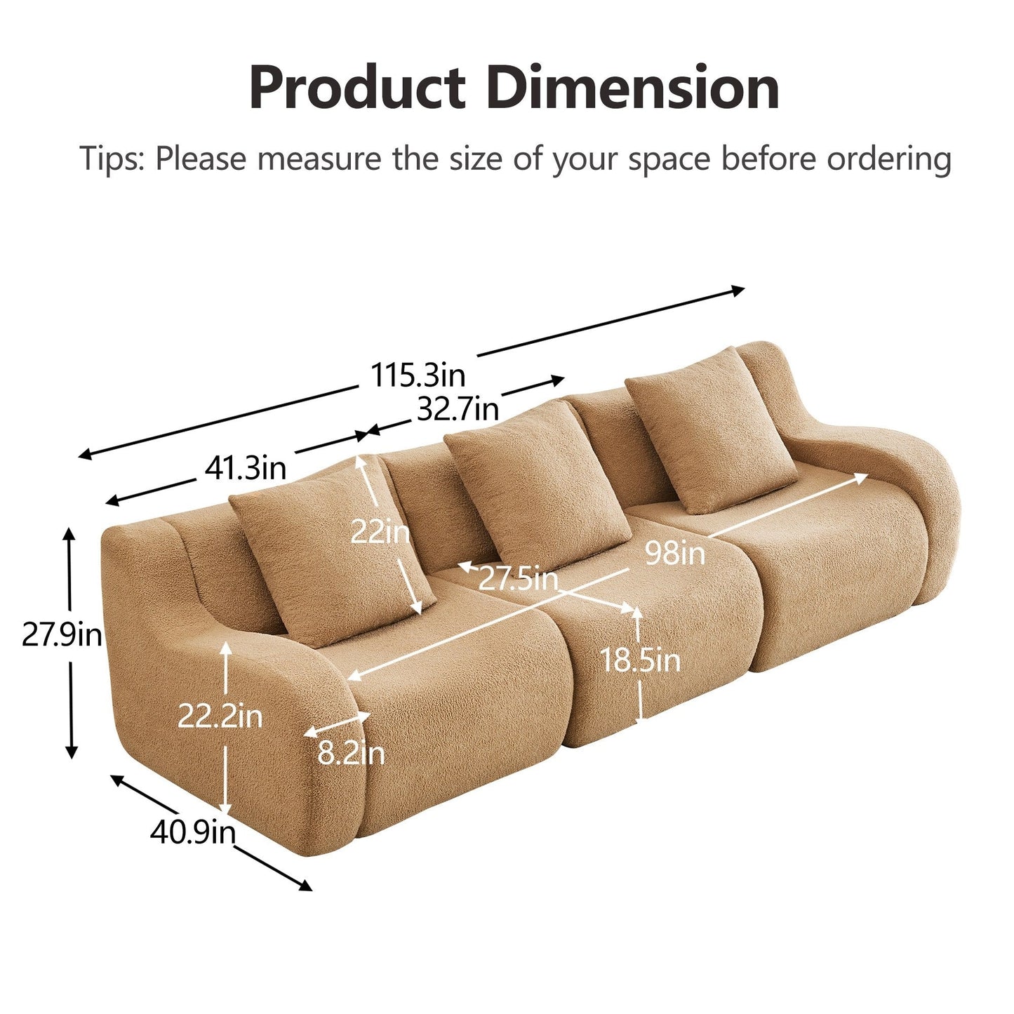 Product dimensions for the Camel teddy fleece boneless sofa, 3-seat layout — Camel / 3-Seat
