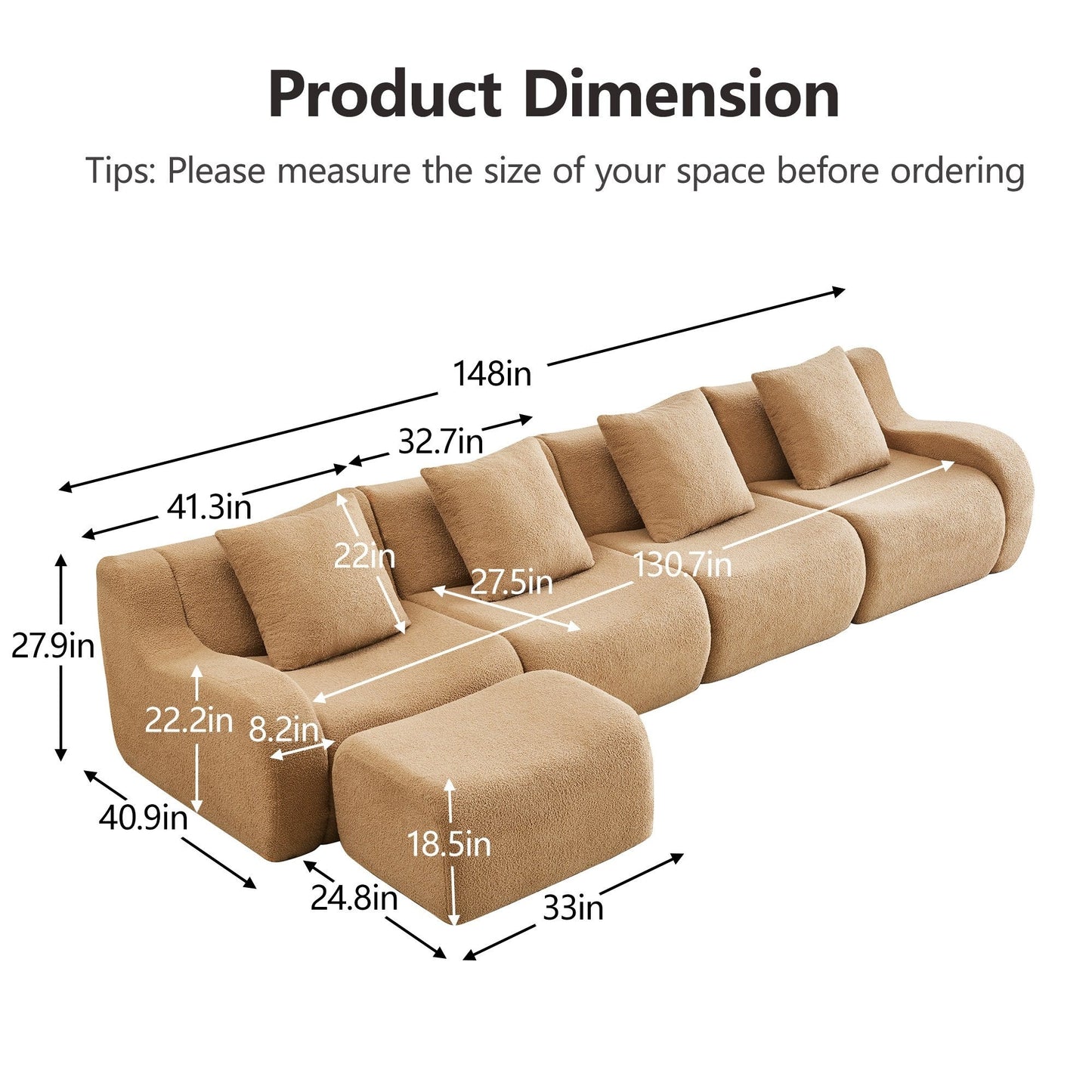 Product dimensions for the Camel teddy fleece boneless sofa, 4-seat with one ottoman layout — Camel / 4-Seat + 1 Ottoman
