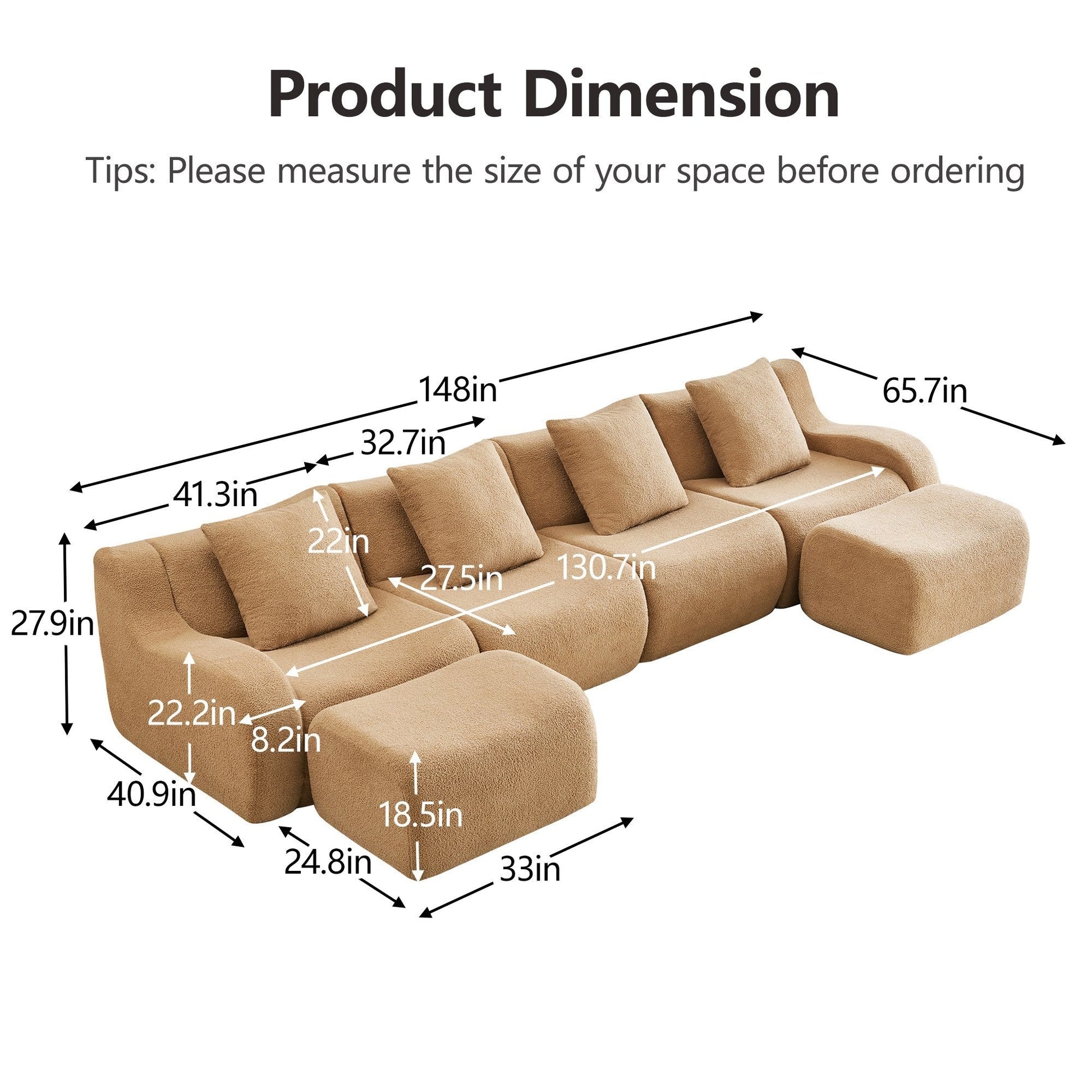 Product dimensions for the Camel teddy fleece boneless sofa, 4-seat with two ottomans layout — Camel / 4-Seat + 2 Ottomans