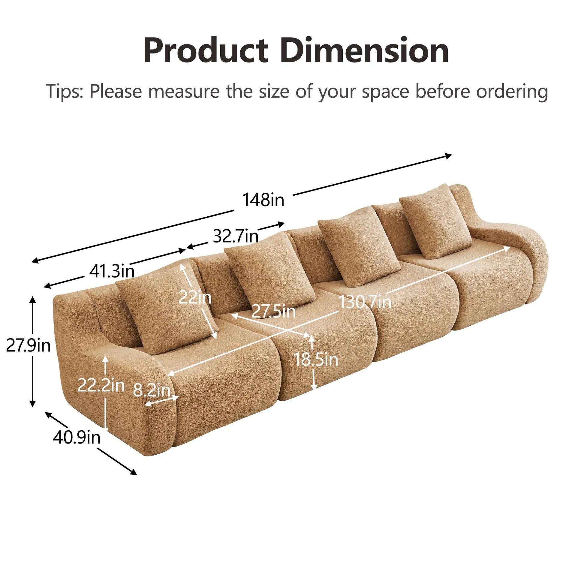 Product dimensions for the Camel teddy fleece boneless sofa, 4-seat layout — Camel / 4-Seat