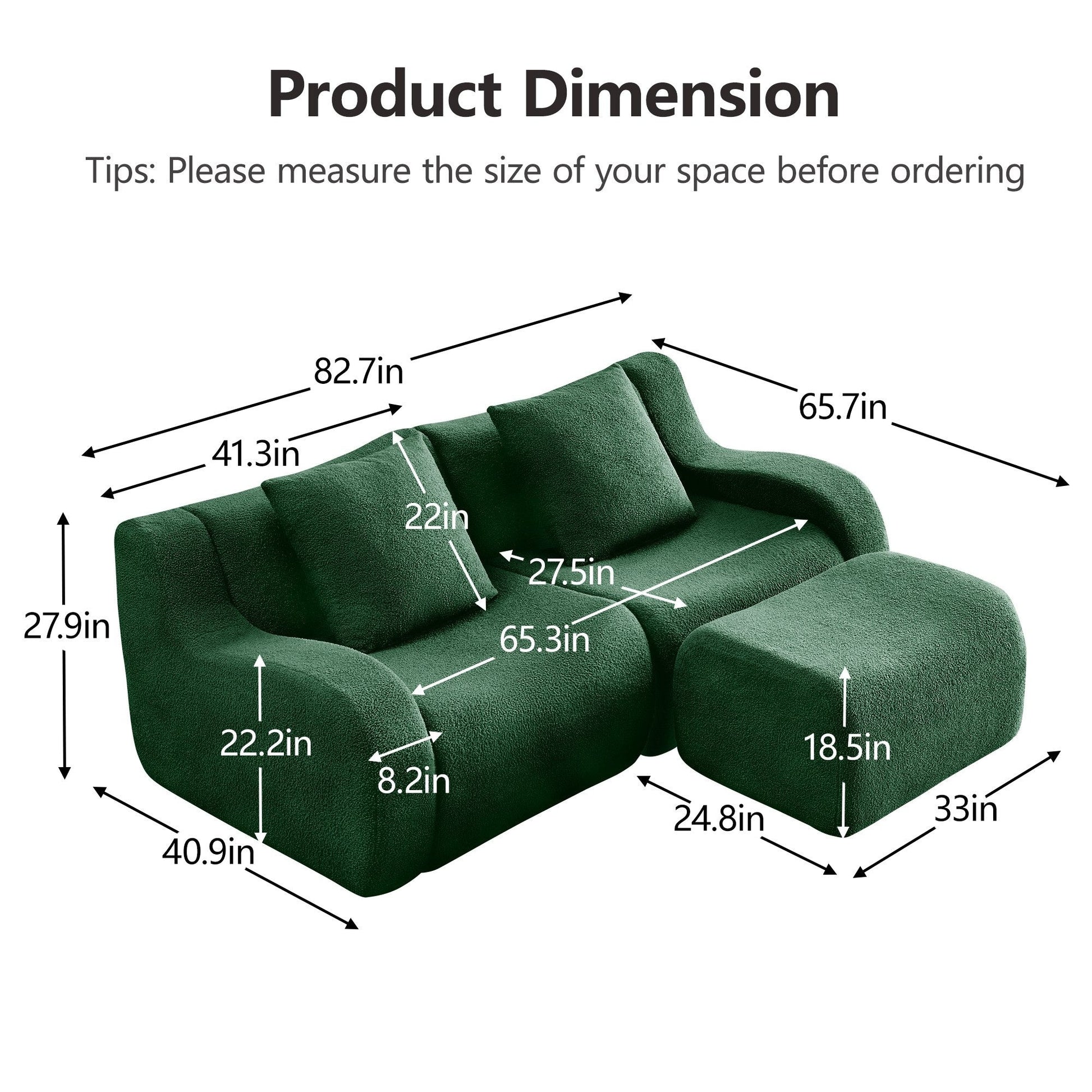 Product dimensions for the Green teddy fleece boneless sofa, 2-seat with one ottoman layout — Green / 2-Seat + 1 Ottoman