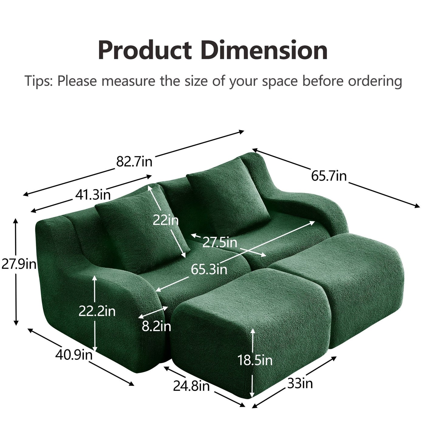 Product dimensions for the Green teddy fleece boneless sofa, 2-seat with two ottomans layout — Green / 2-Seat + 2 Ottomans
