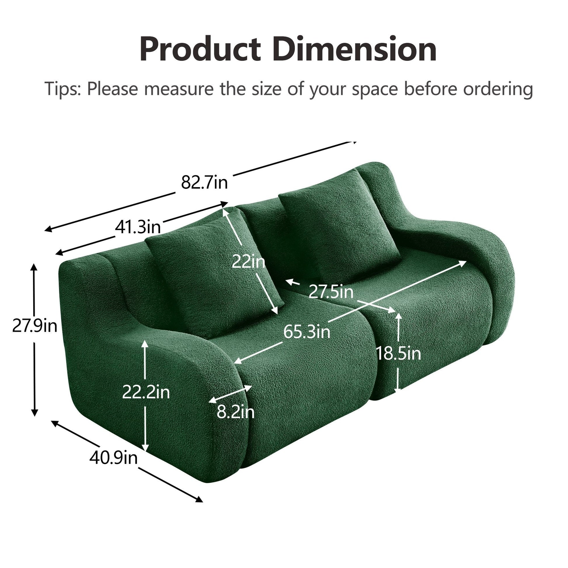 Product dimensions for the Green teddy fleece boneless sofa, 2-seat layout — Green / 2-Seat