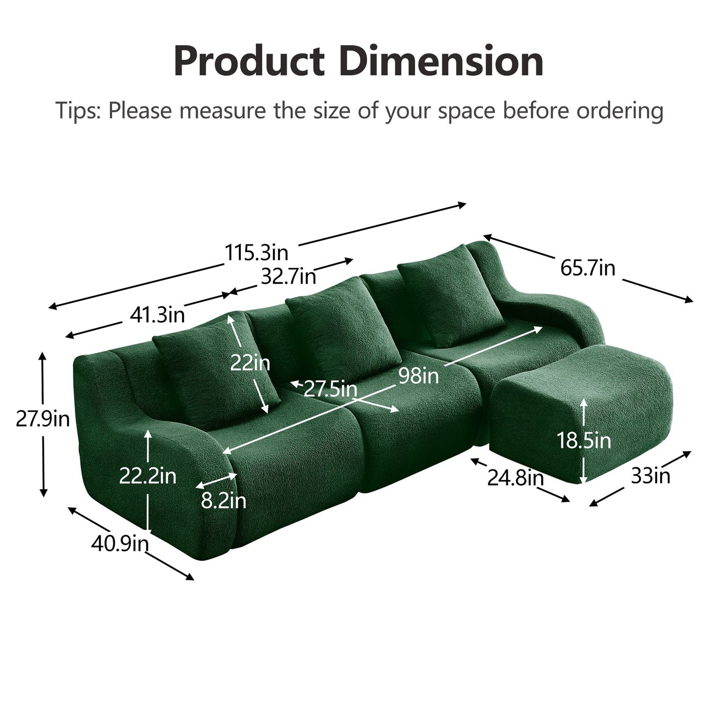 Product dimensions for the Green teddy fleece boneless sofa, 3-seat with one ottoman layout — Green / 3-Seat + 1 Ottoman