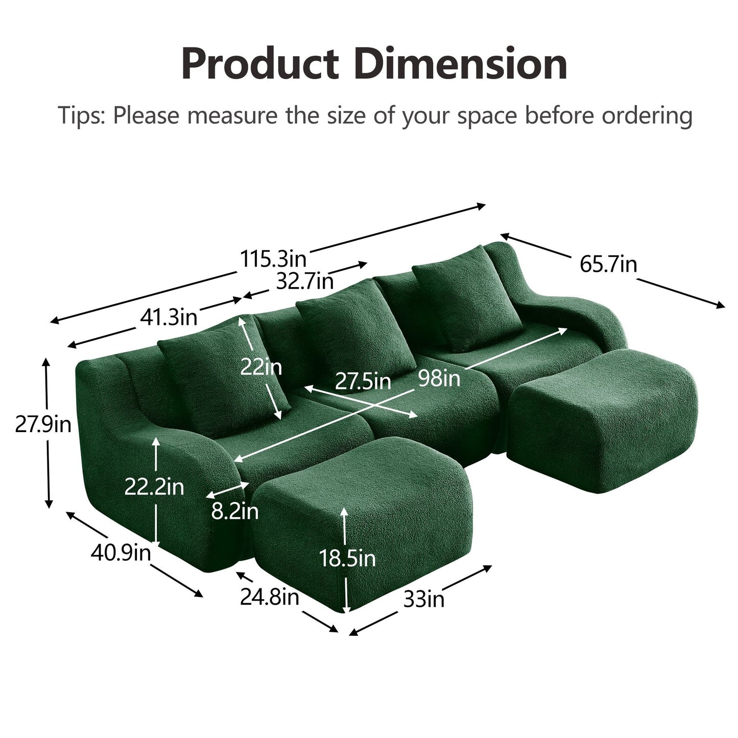 Product dimensions for the Green teddy fleece boneless sofa, 3-seat with two ottomans layout — Green / 3-Seat + 2 Ottomans