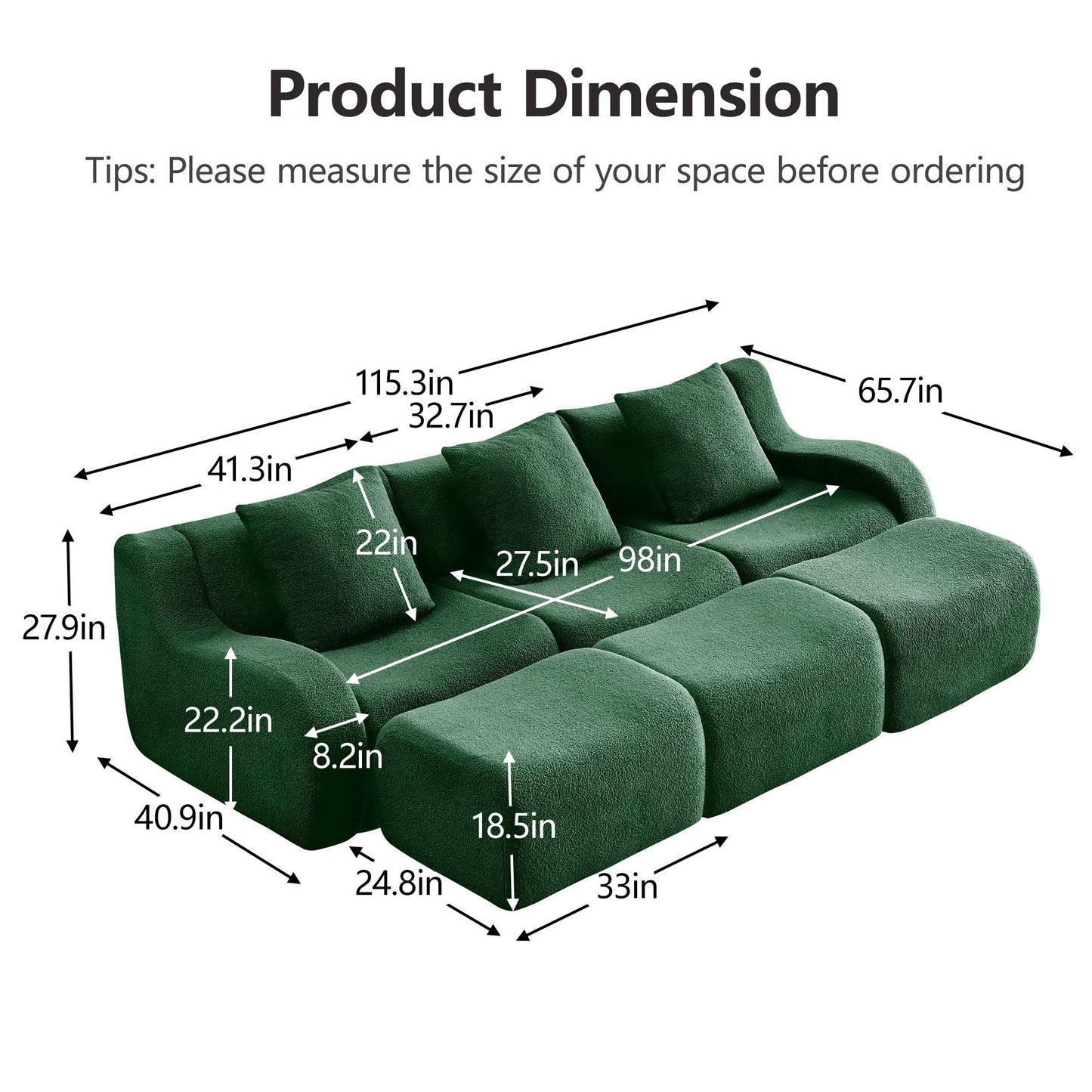 Product dimensions for the Green teddy fleece boneless sofa, 3-seat with three ottomans layout — Green / 3-Seat + 3 Ottomans