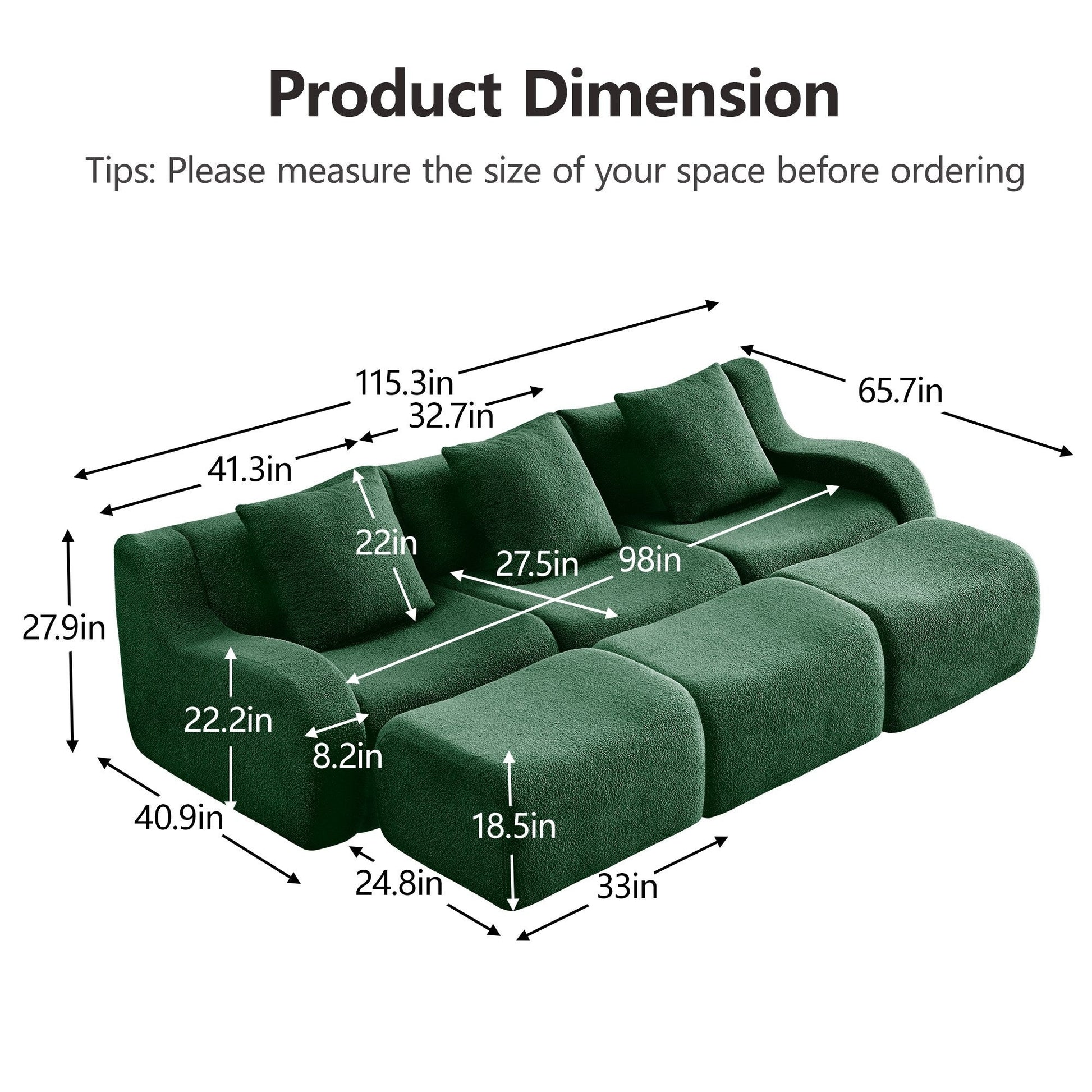 Product dimensions for the Green teddy fleece boneless sofa, 3-seat with three ottomans layout — Green / 3-Seat + 3 Ottomans