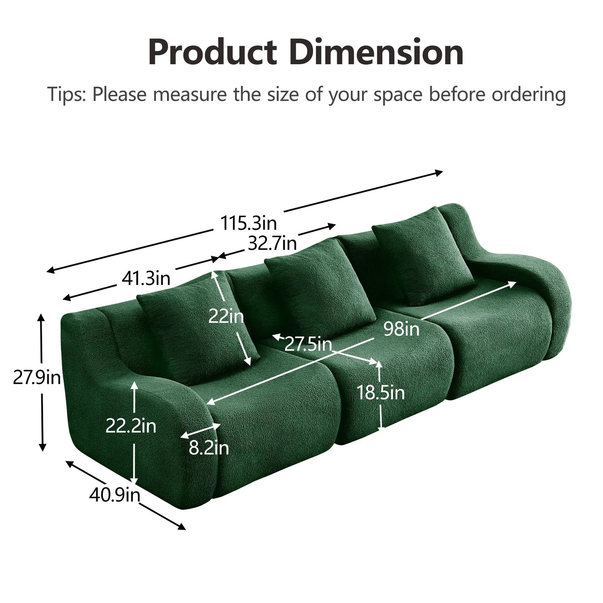 Product dimensions for the Green teddy fleece boneless sofa, 3-seat layout — Green / 3-Seat