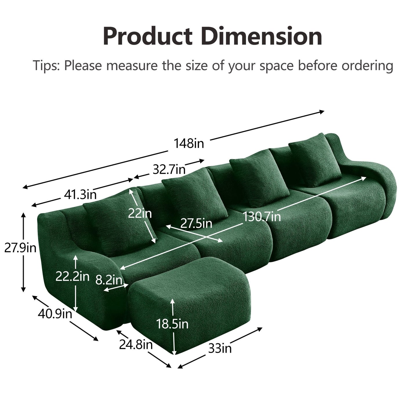 Product dimensions for the Green teddy fleece boneless sofa, 4-seat with one ottoman layout — Green / 4-Seat + 1 Ottoman