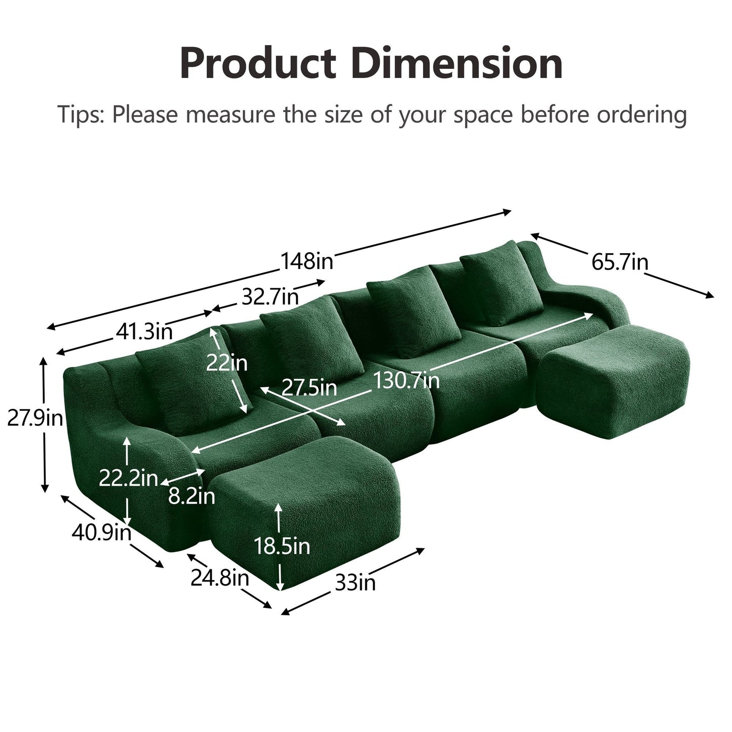 Product dimensions for the Green teddy fleece boneless sofa, 4-seat with two ottomans layout — Green / 4-Seat + 2 Ottomans