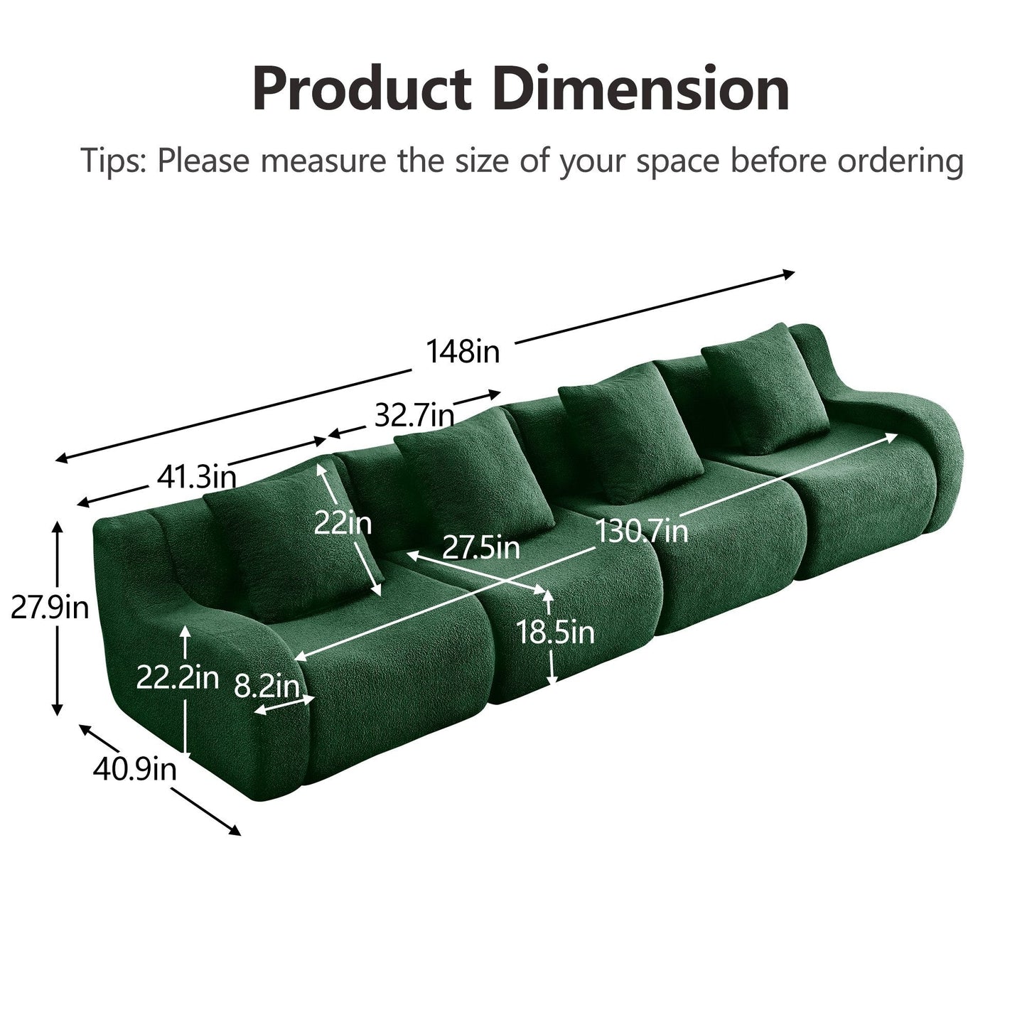 Product dimensions for the Green teddy fleece boneless sofa, 4-seat layout — Green / 4-Seat