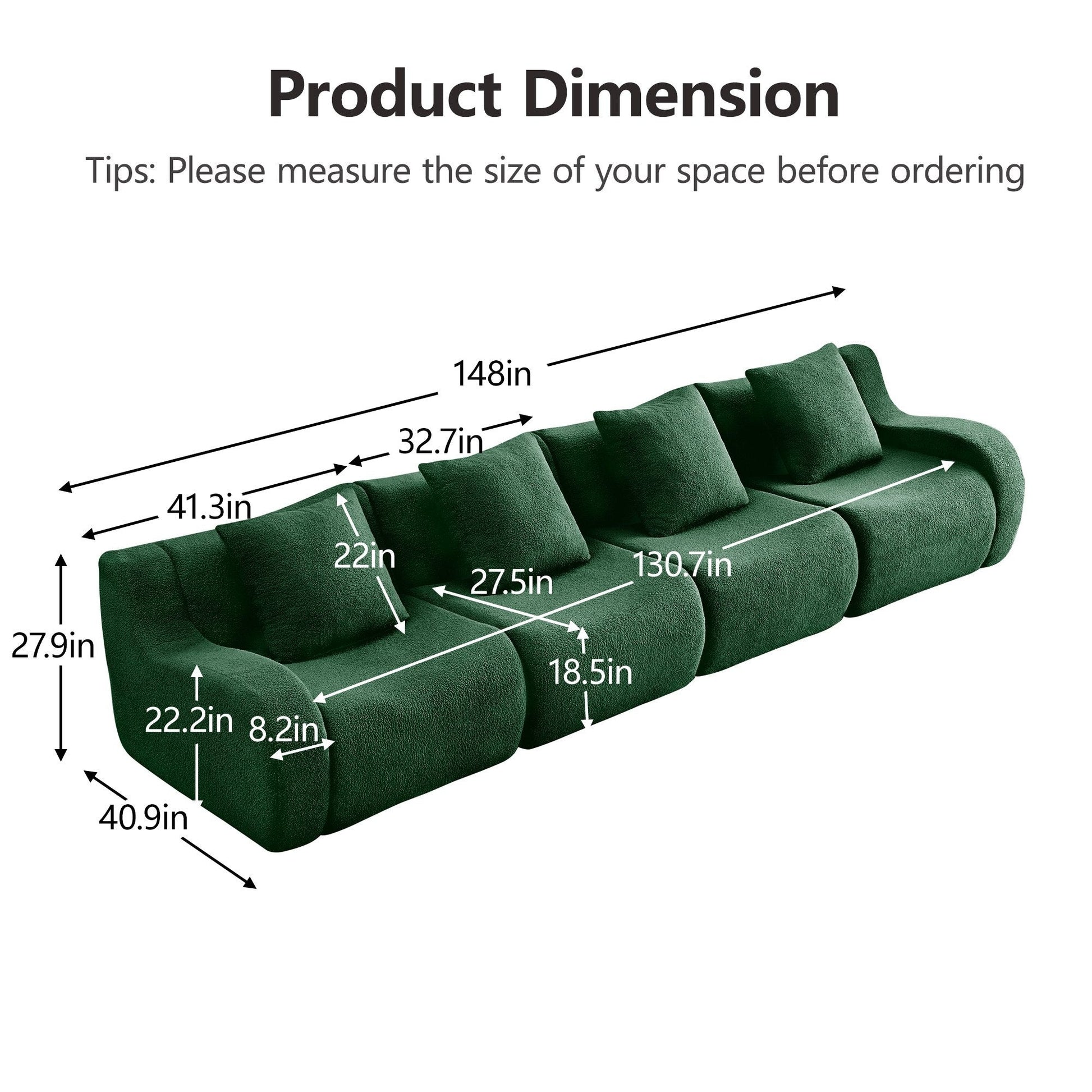 Product dimensions for the Green teddy fleece boneless sofa, 4-seat layout — Green / 4-Seat
