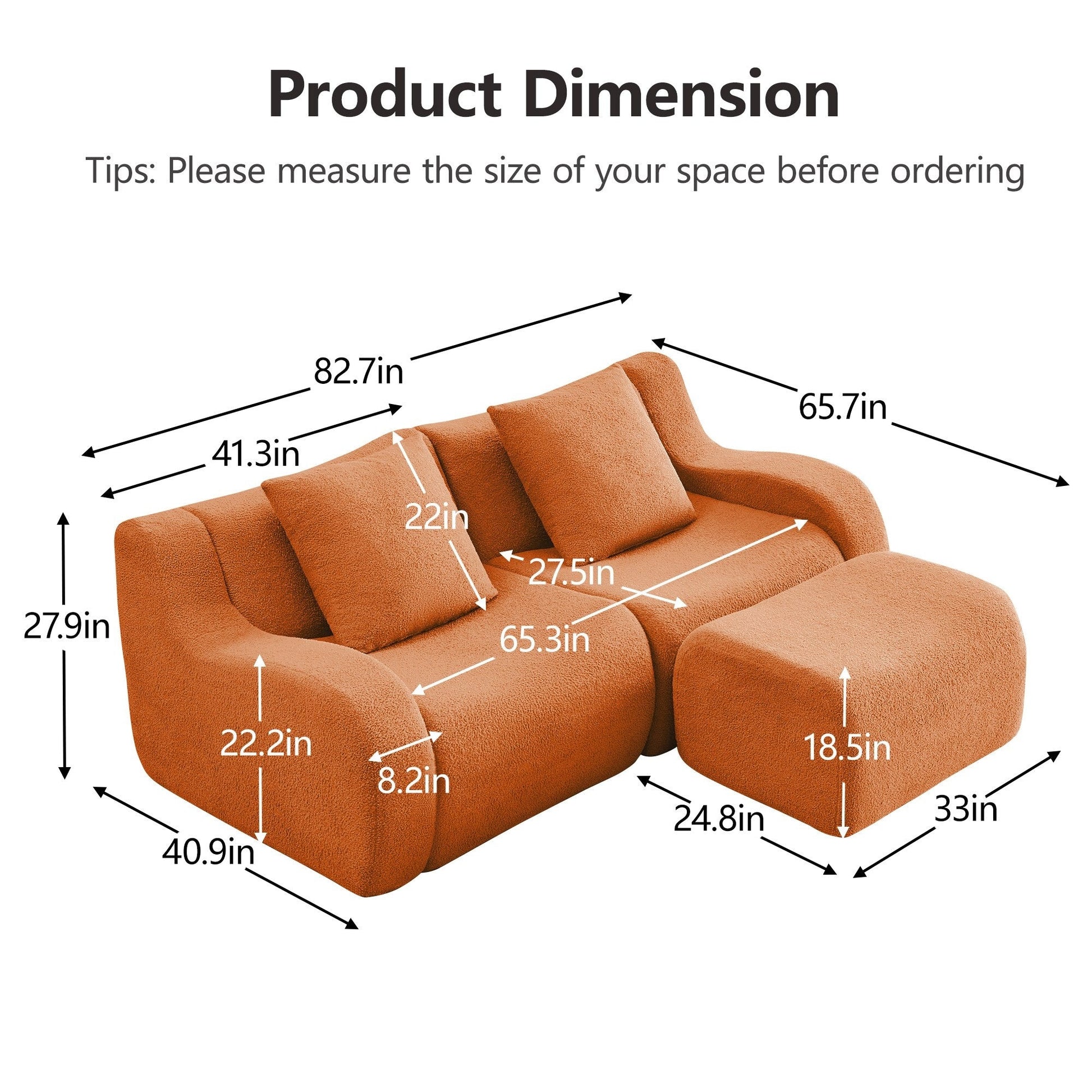 Product dimensions for the Orange teddy fleece boneless sofa, 2-seat with one ottoman layout — Orange / 2-Seat + 1 Ottoman