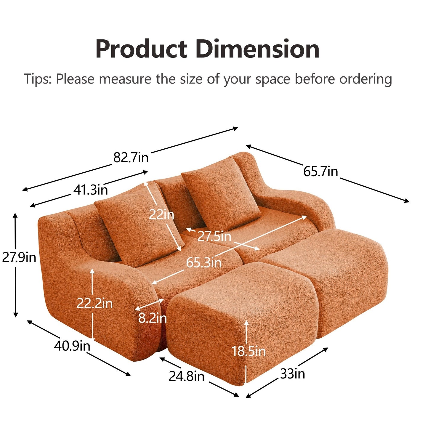 Product dimensions for the Orange teddy fleece boneless sofa, 2-seat with two ottomans layout — Orange / 2-Seat + 2 Ottomans