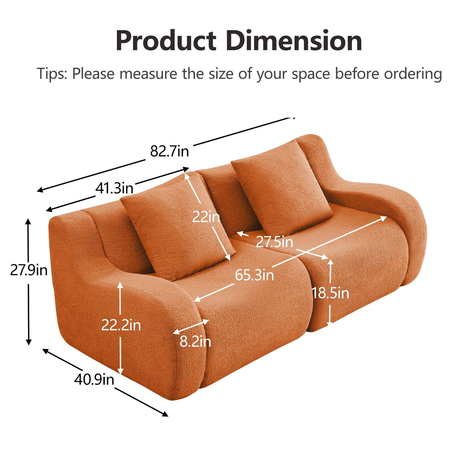 Product dimensions for the Orange teddy fleece boneless sofa, 2-seat layout — Orange / 2-Seat