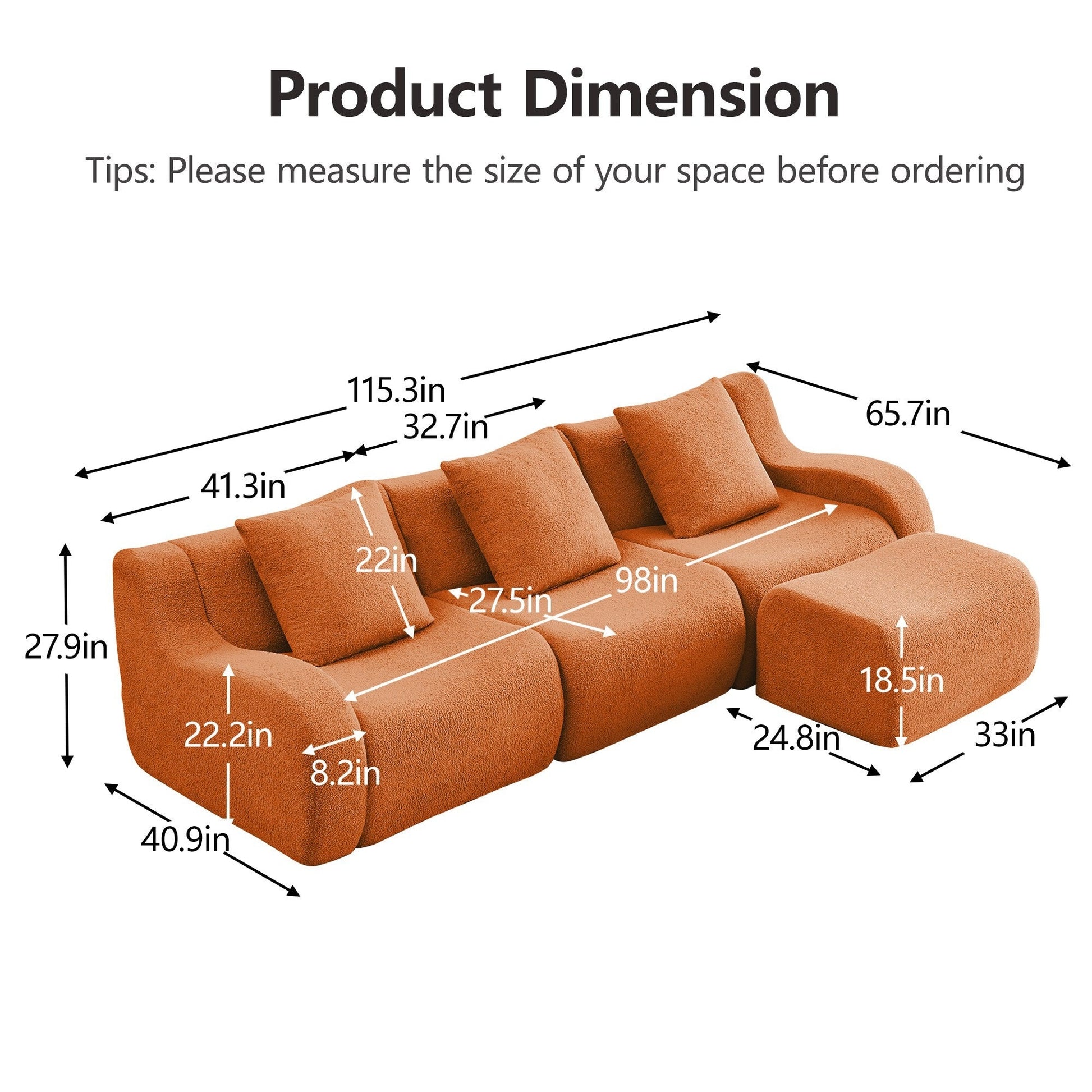 Product dimensions for the Orange teddy fleece boneless sofa, 3-seat with one ottoman layout — Orange / 3-Seat + 1 Ottoman