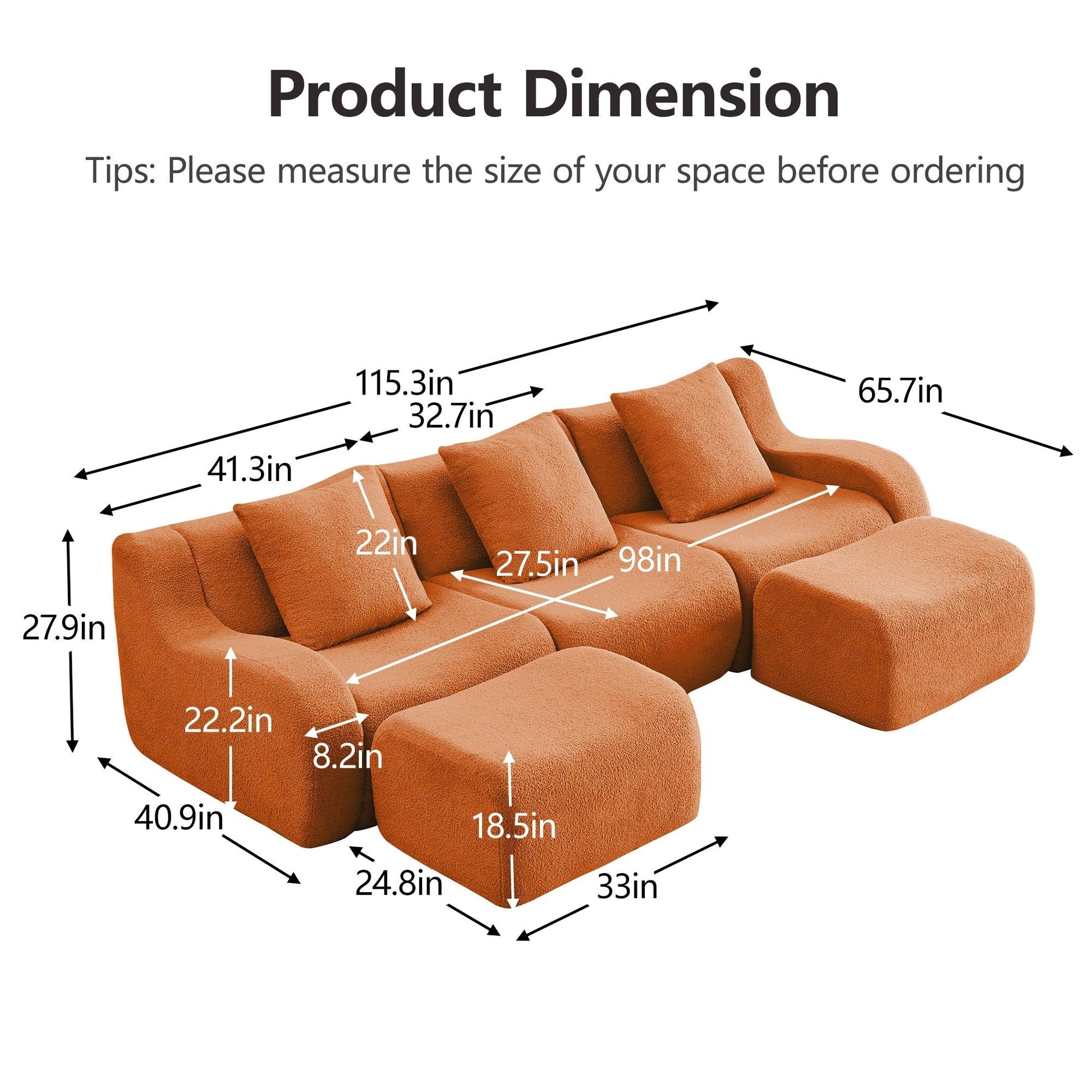 Product dimensions for the Orange teddy fleece boneless sofa, 3-seat with two ottomans layout — Orange / 3-Seat + 2 Ottomans