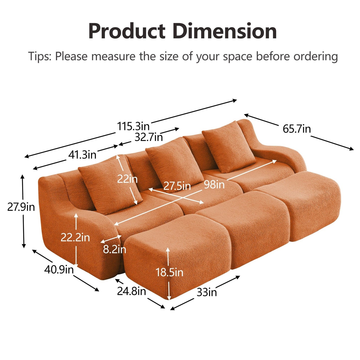 Product dimensions for the Orange teddy fleece boneless sofa, 3-seat with three ottomans layout — Orange / 3-Seat + 3 Ottomans