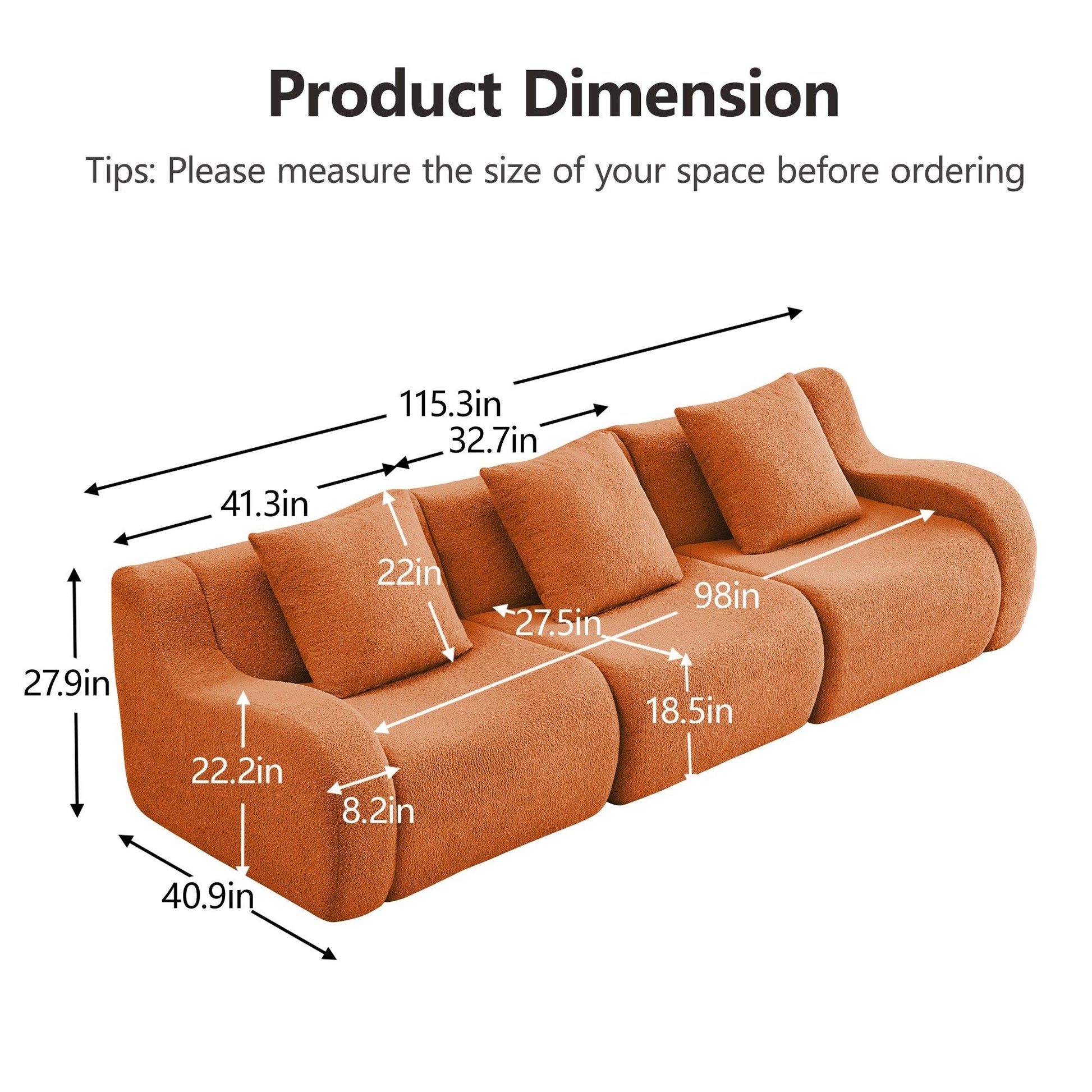 Product dimensions for the Orange teddy fleece boneless sofa, 3-seat layout — Orange / 3-Seat