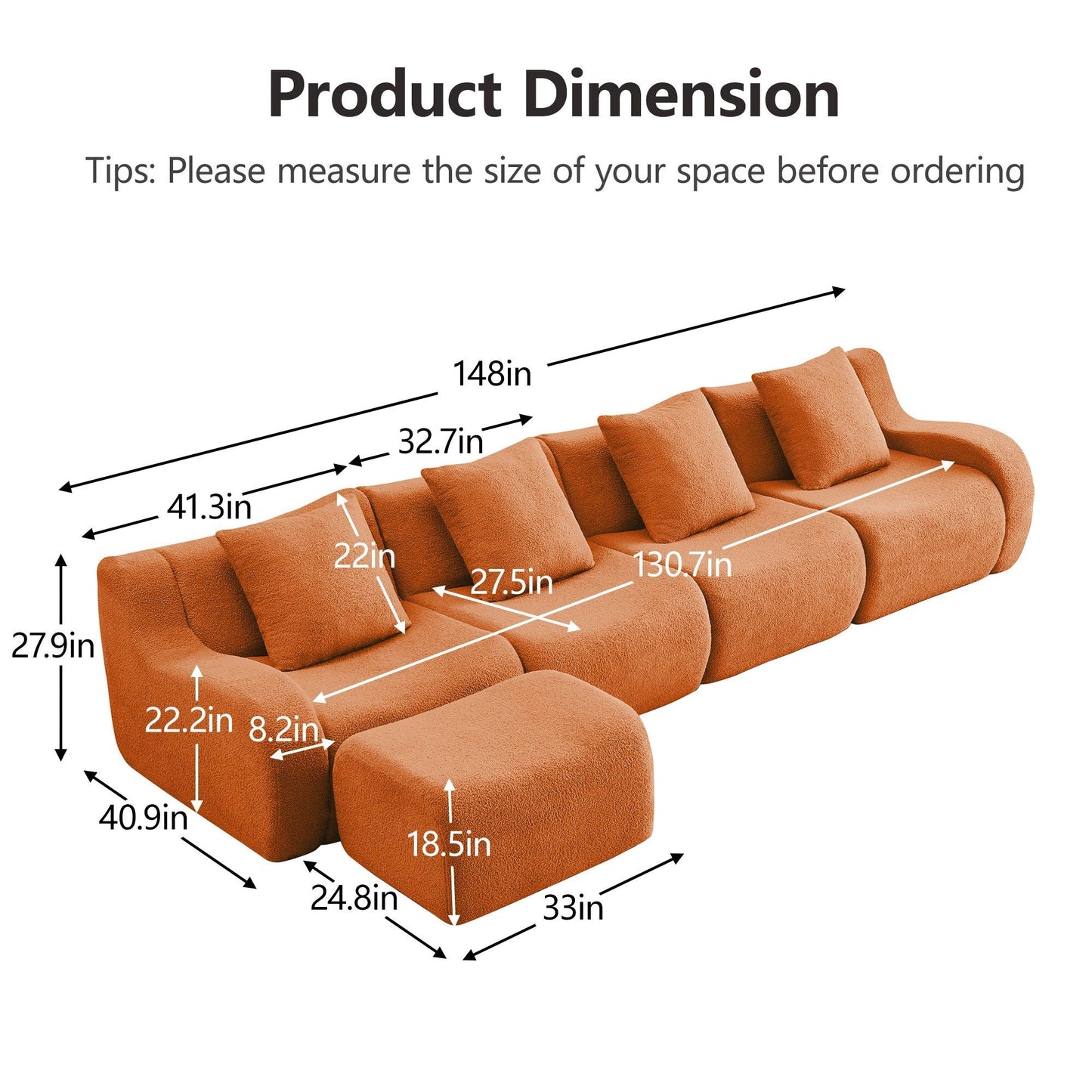 Product dimensions for the Orange teddy fleece boneless sofa, 4-seat with one ottoman layout — Orange / 4-Seat + 1 Ottoman
