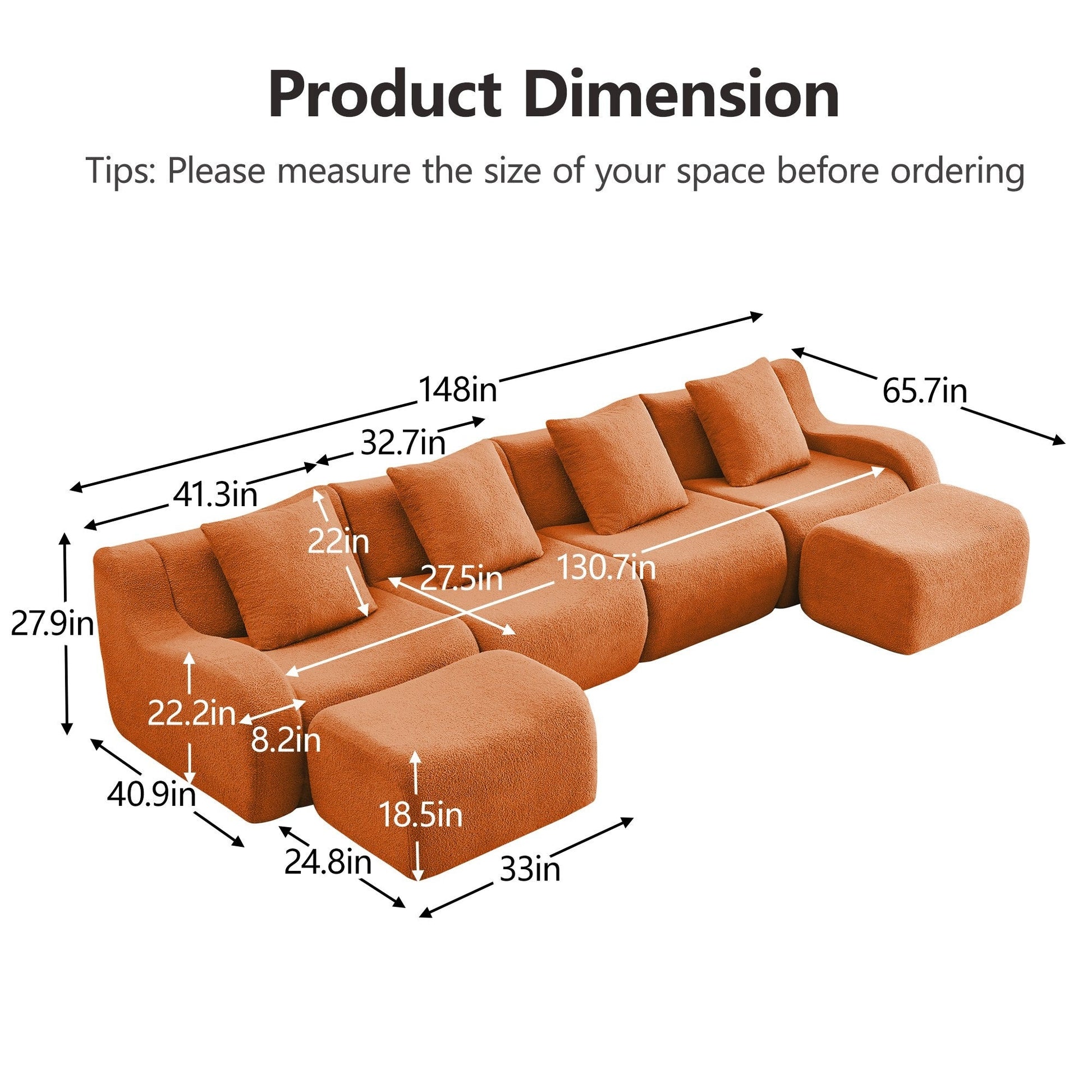 Product dimensions for the Orange teddy fleece boneless sofa, 4-seat with two ottomans layout — Orange / 4-Seat + 2 Ottomans