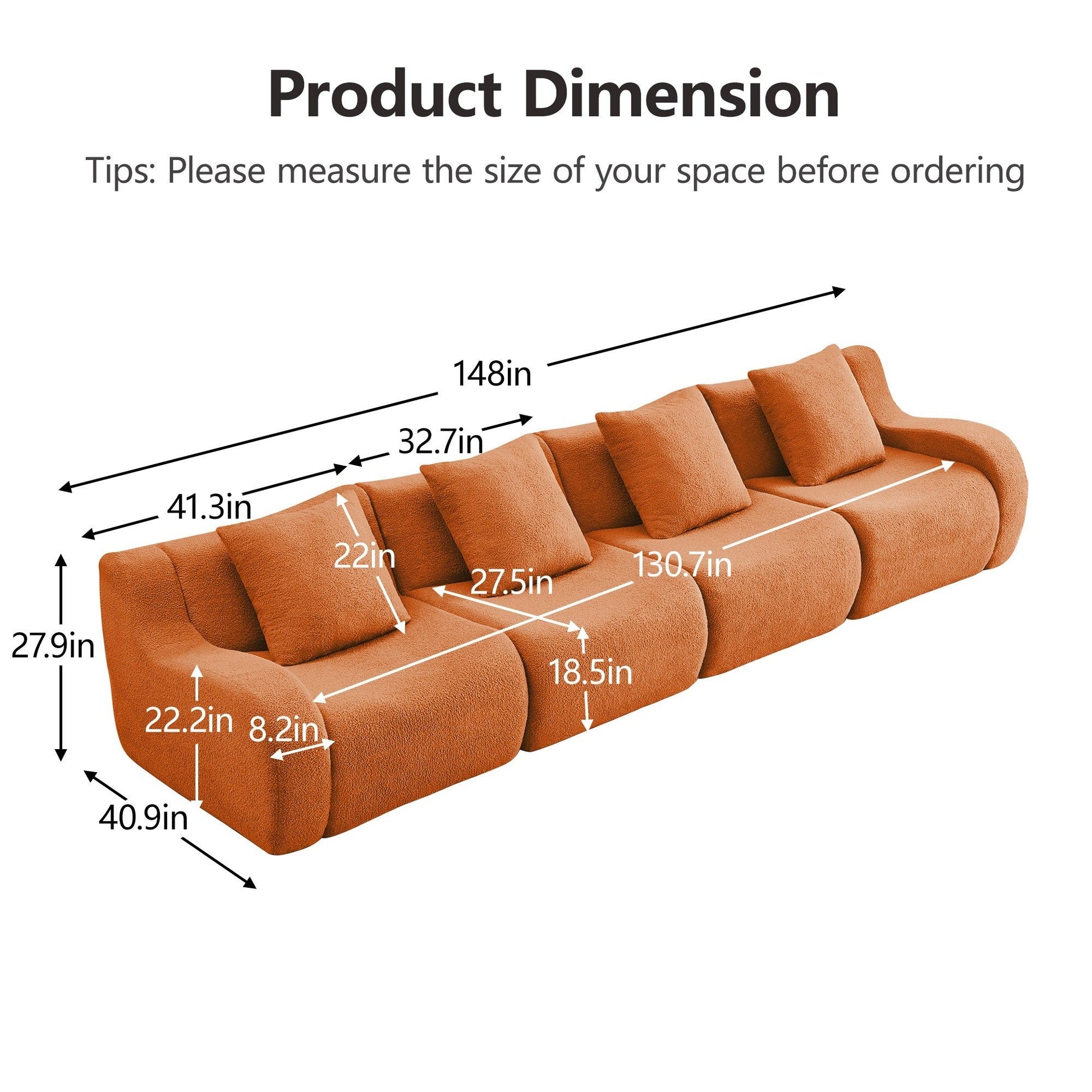 Product dimensions for the Orange teddy fleece boneless sofa, 4-seat layout — Orange / 4-Seat