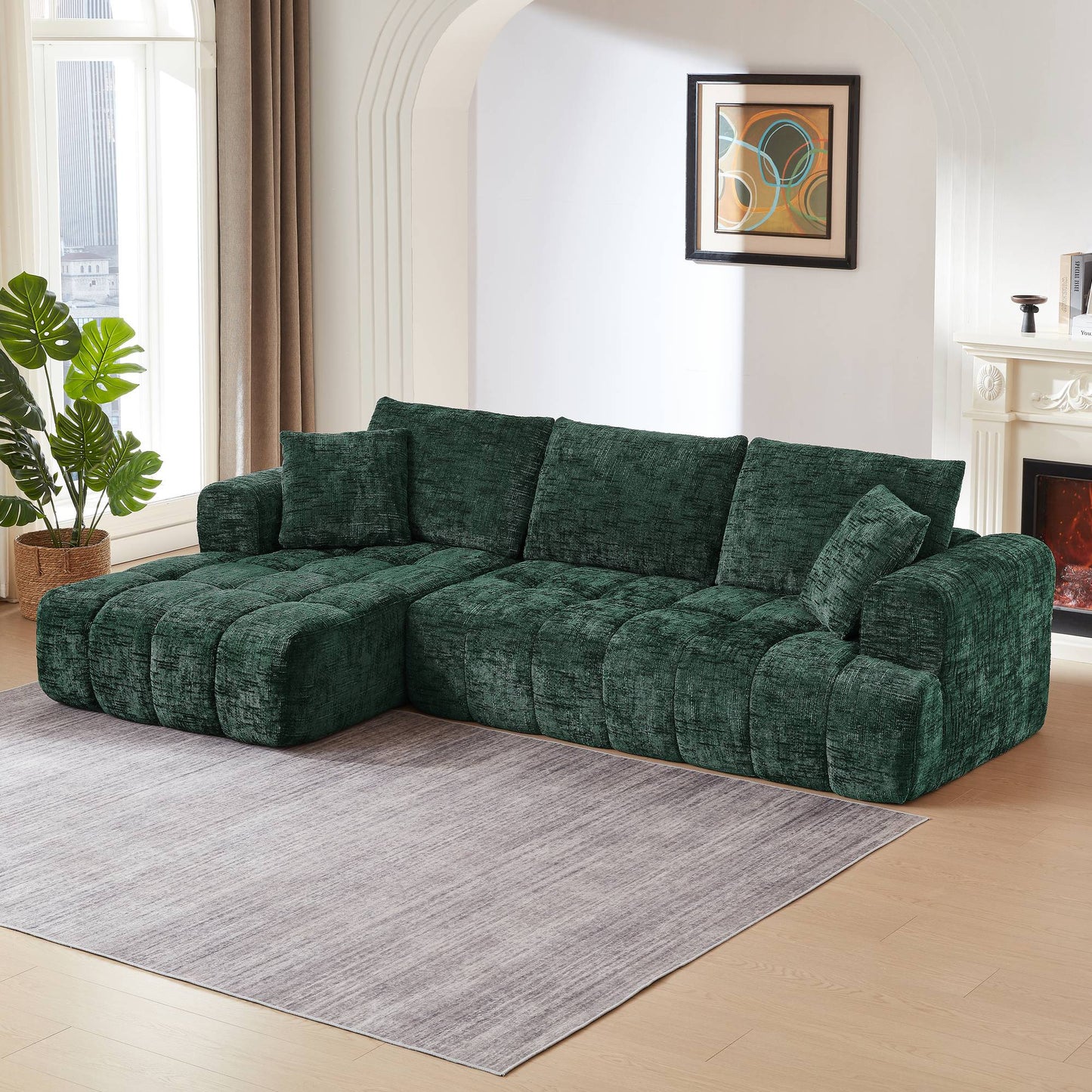 Chenille Spring-Core Compression Sectional — 4-Seat, 108"W — Dark Green / Left-Facing