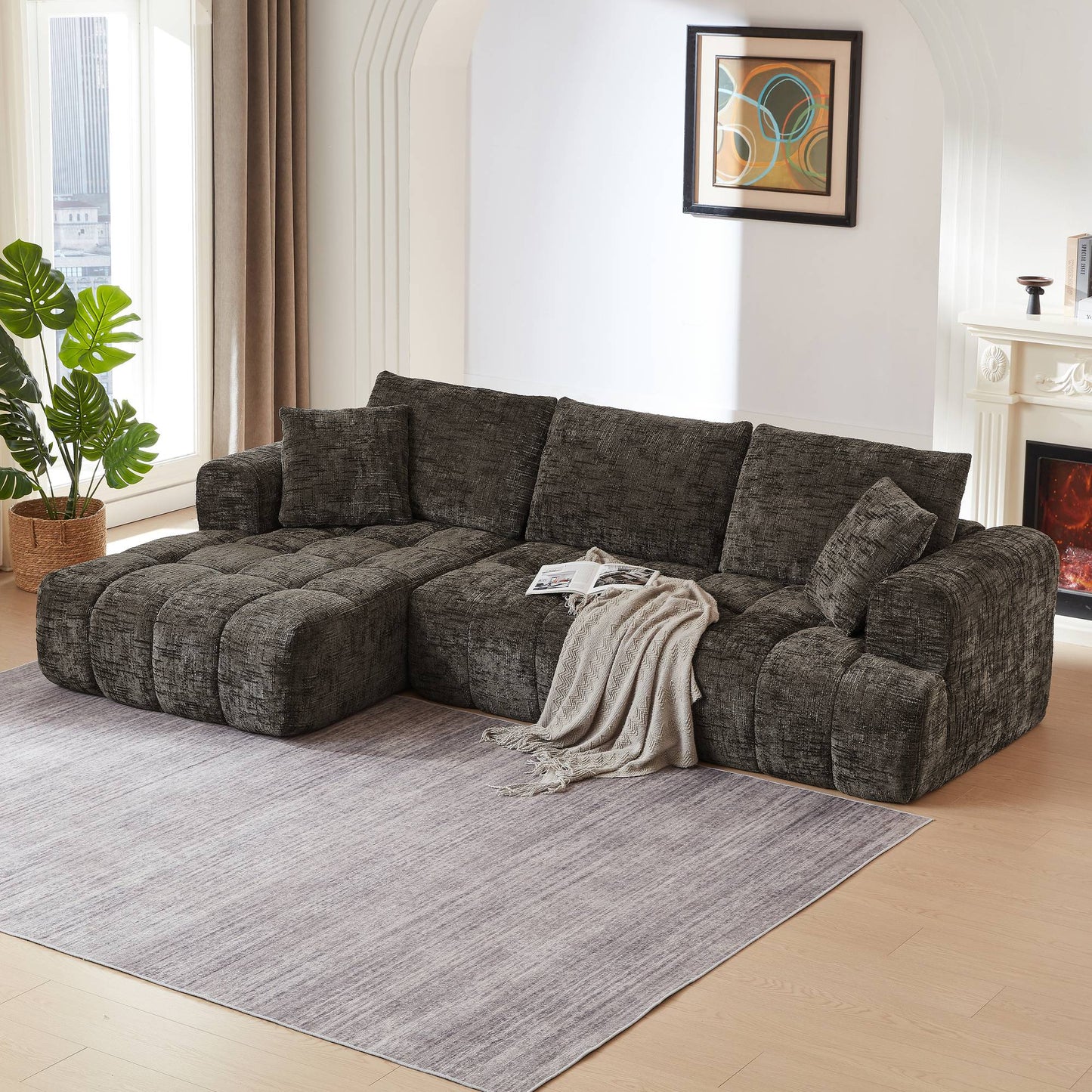Chenille Spring-Core Compression Sectional — 4-Seat, 108"W — Brown / Left-Facing