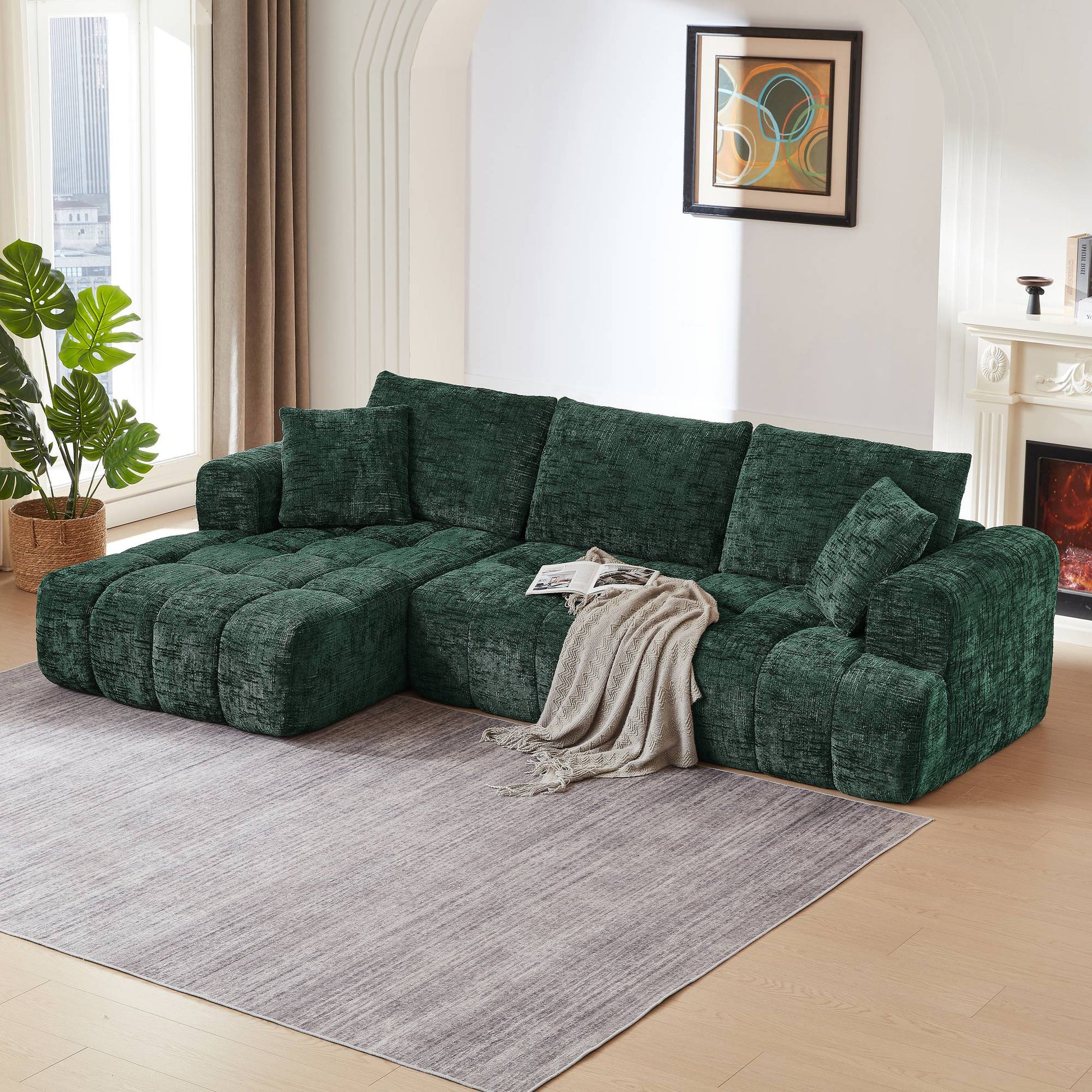 Chenille Spring-Core Compression Sectional — 4-Seat, 108"W — Dark Green / Left-Facing