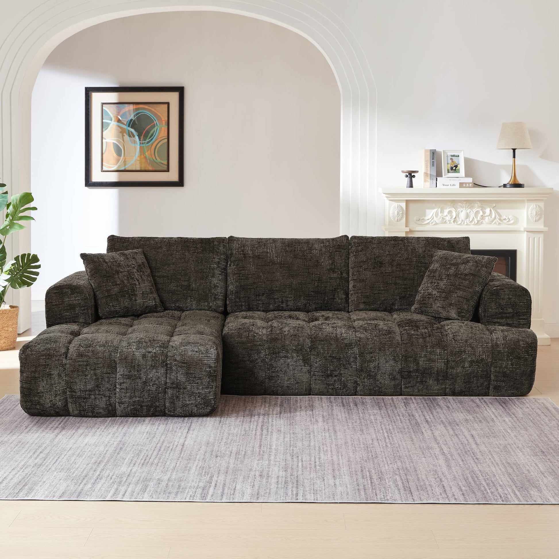 Chenille Spring-Core Compression Sectional — 4-Seat, 108"W — Brown / Left-Facing