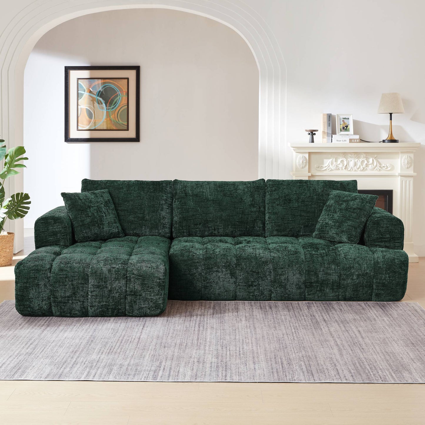 Chenille Spring-Core Compression Sectional — 4-Seat, 108"W — Dark Green / Left-Facing