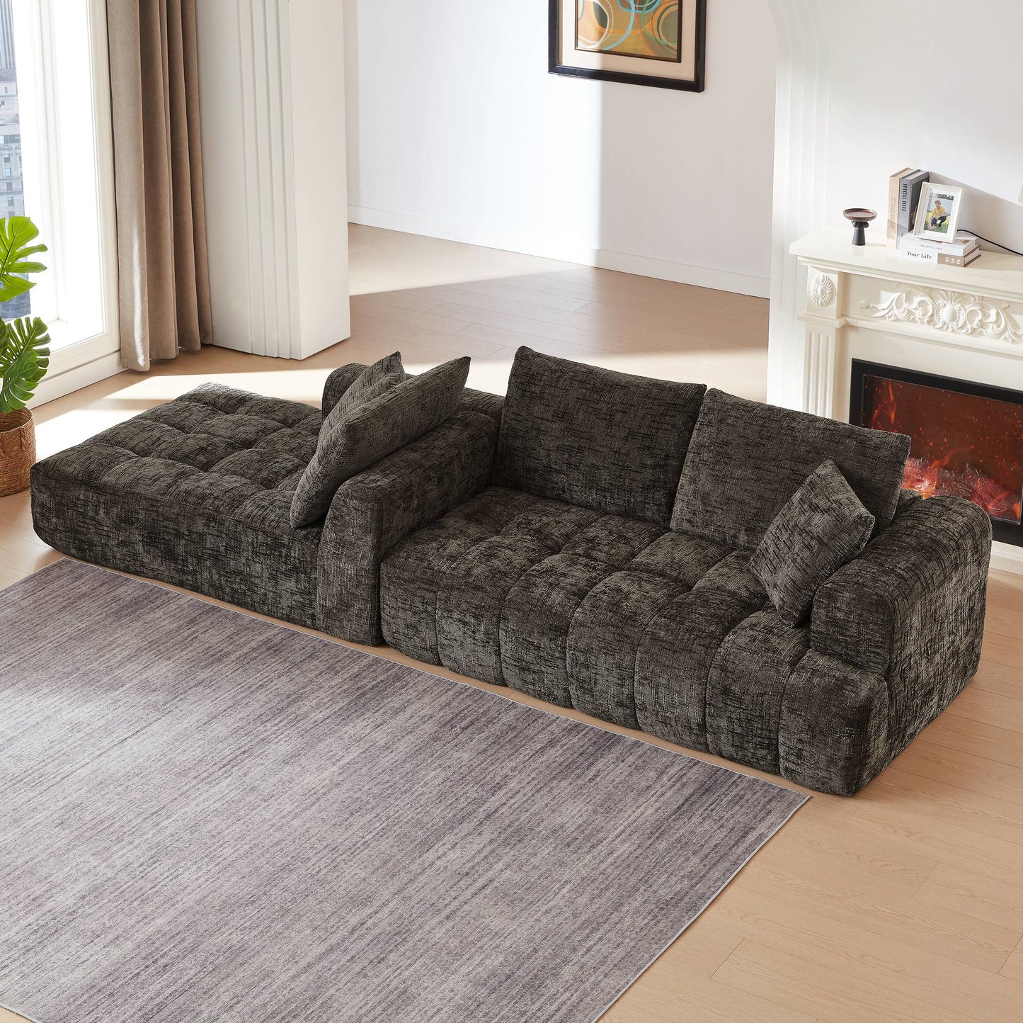Chenille Spring-Core Compression Sectional — 4-Seat, 108"W — Brown / Left-Facing