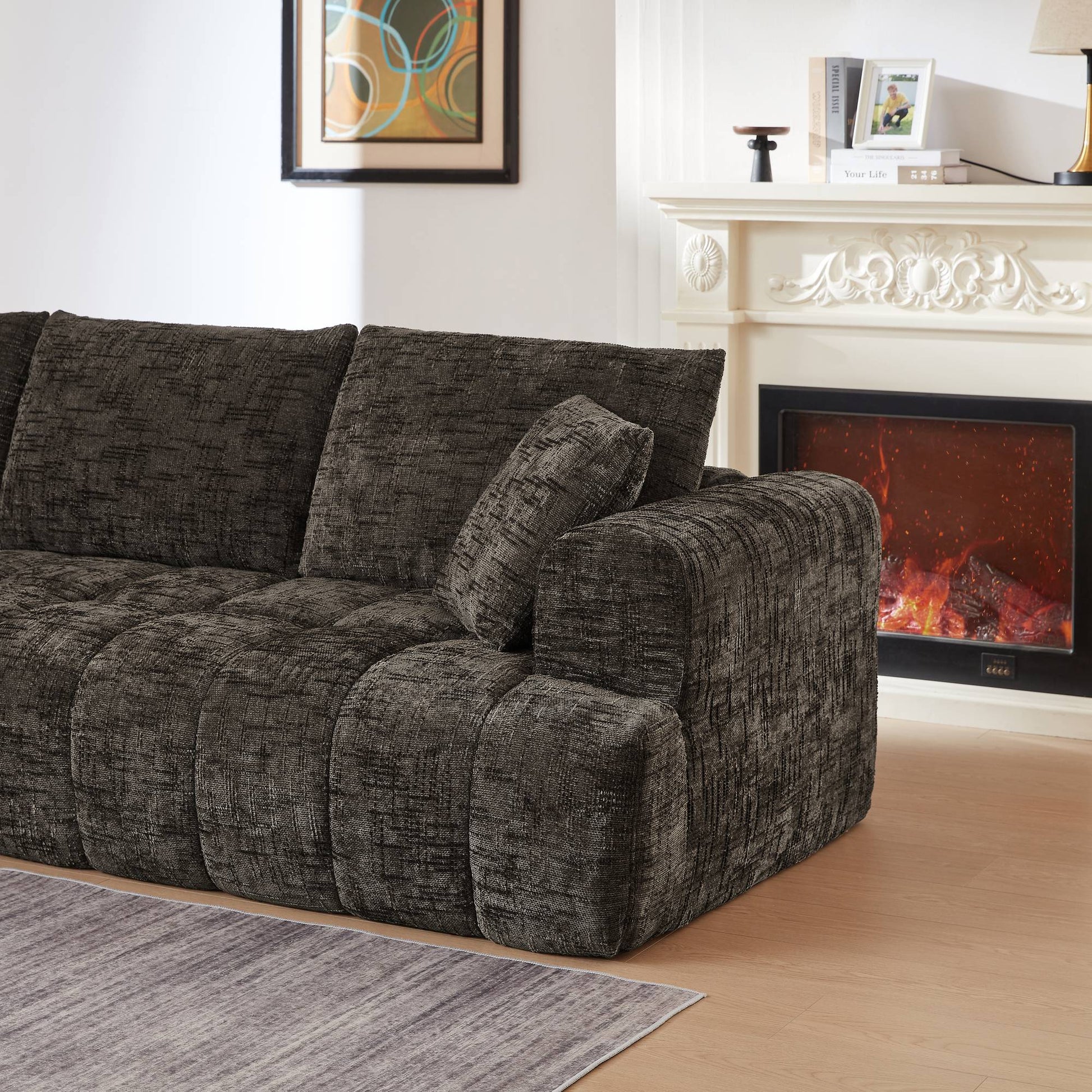 Chenille Spring-Core Compression Sectional — 4-Seat, 108"W — Brown / Left-Facing