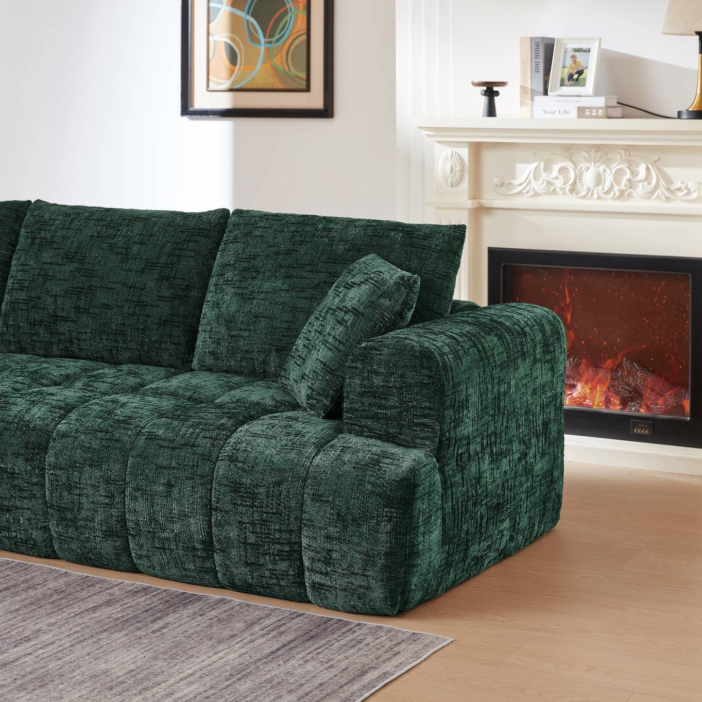 Chenille Spring-Core Compression Sectional — 4-Seat, 108"W — Dark Green / Left-Facing