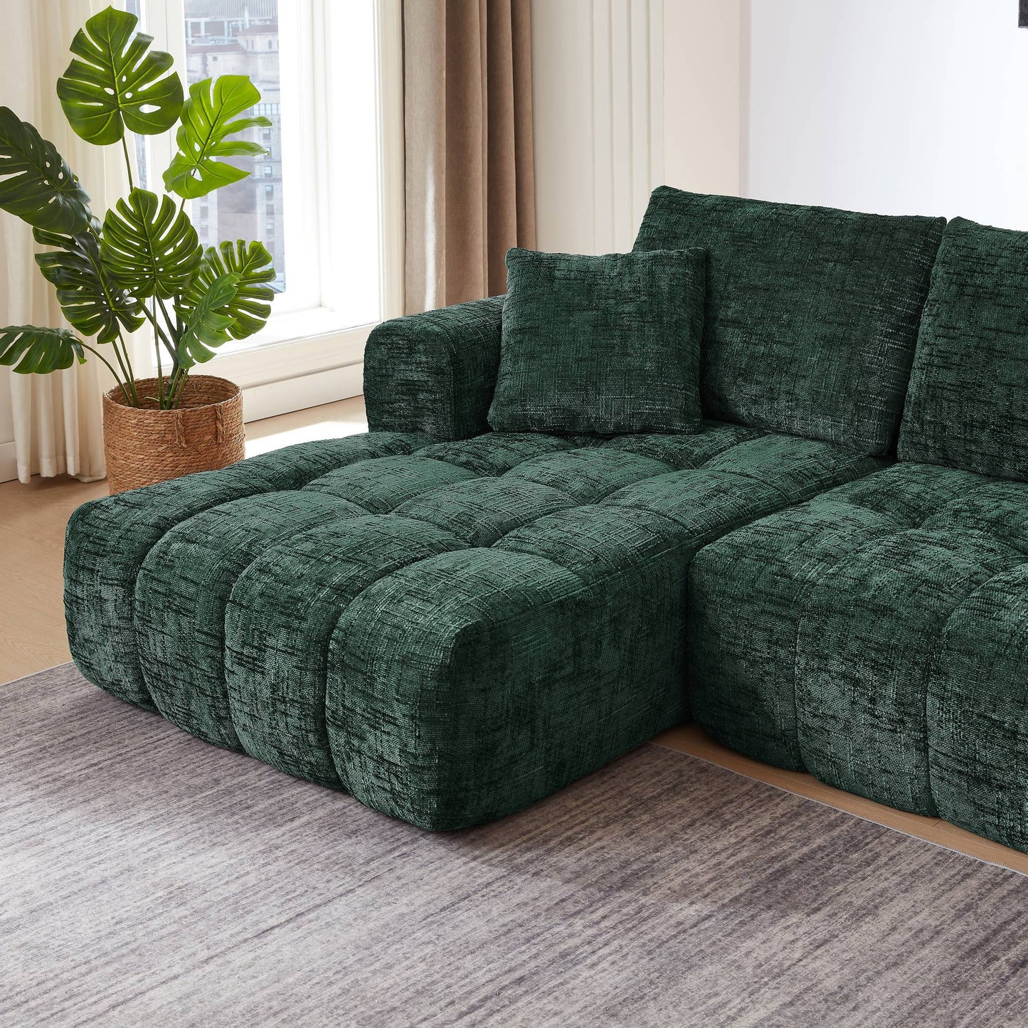 Chenille Spring-Core Compression Sectional — 4-Seat, 108"W — Dark Green / Left-Facing