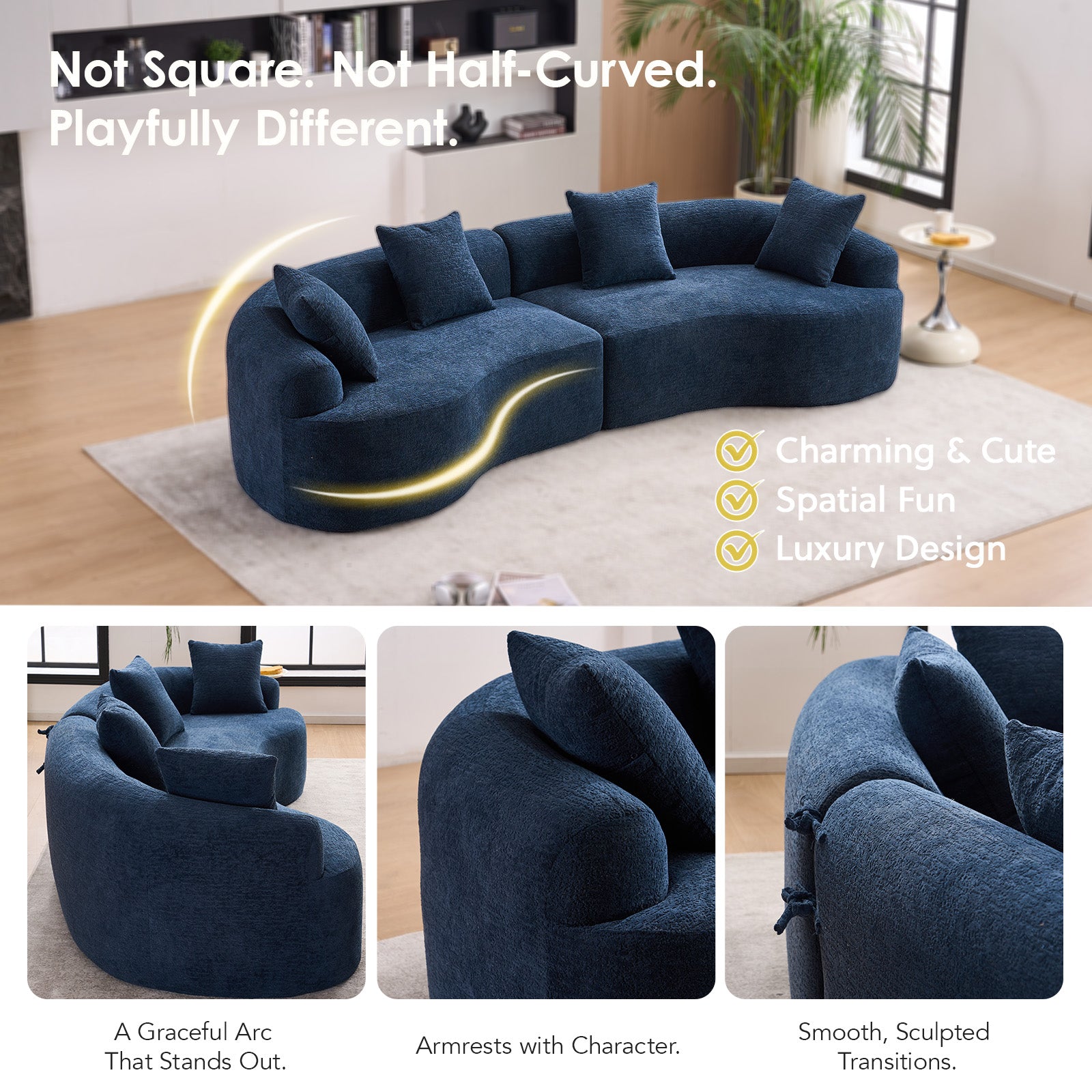 Chenille Spring-Core Compression Sofa — 4-Seat, 110"W — Antique Blue