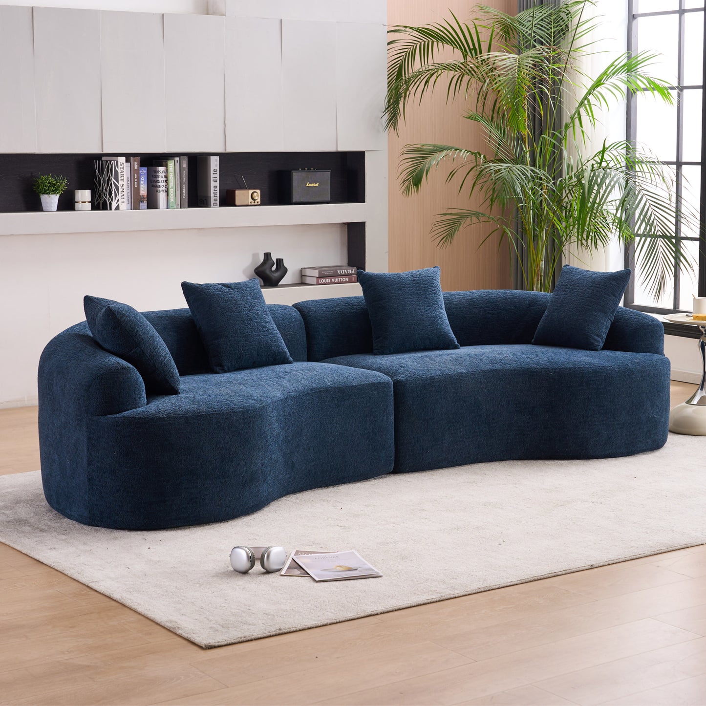 Chenille Spring-Core Compression Sofa — 4-Seat, 110"W — Antique Blue