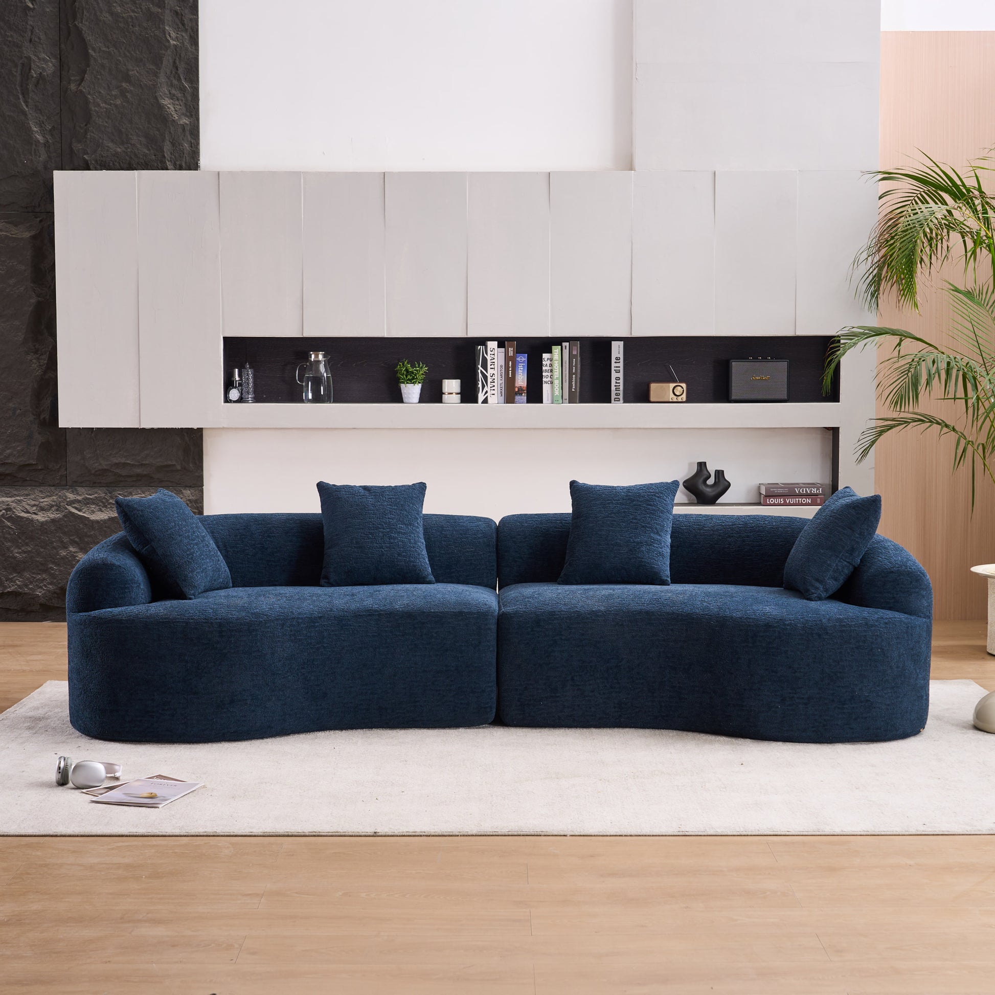 Chenille Spring-Core Compression Sofa — 4-Seat, 110"W — Antique Blue