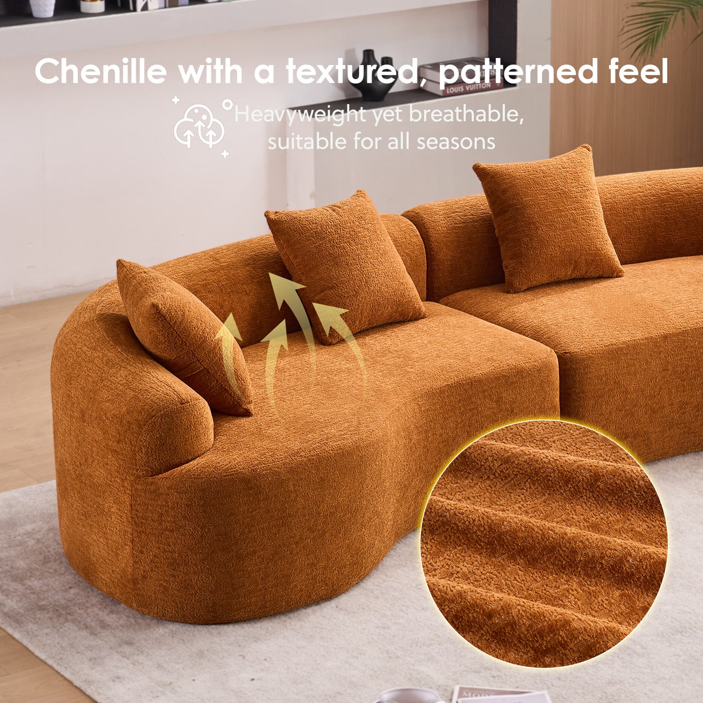 Chenille Spring-Core Compression Sofa — 4-Seat, 110"W — Orange